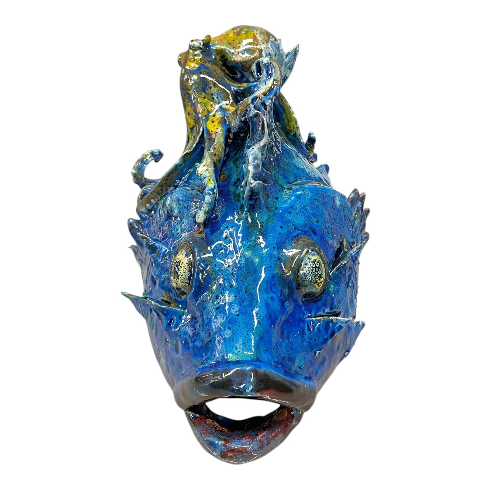 Scultura Polpo in ceramica siciliana decoro blu marino e giallo Produzione artigianale di Palermo lunghezza 40cm