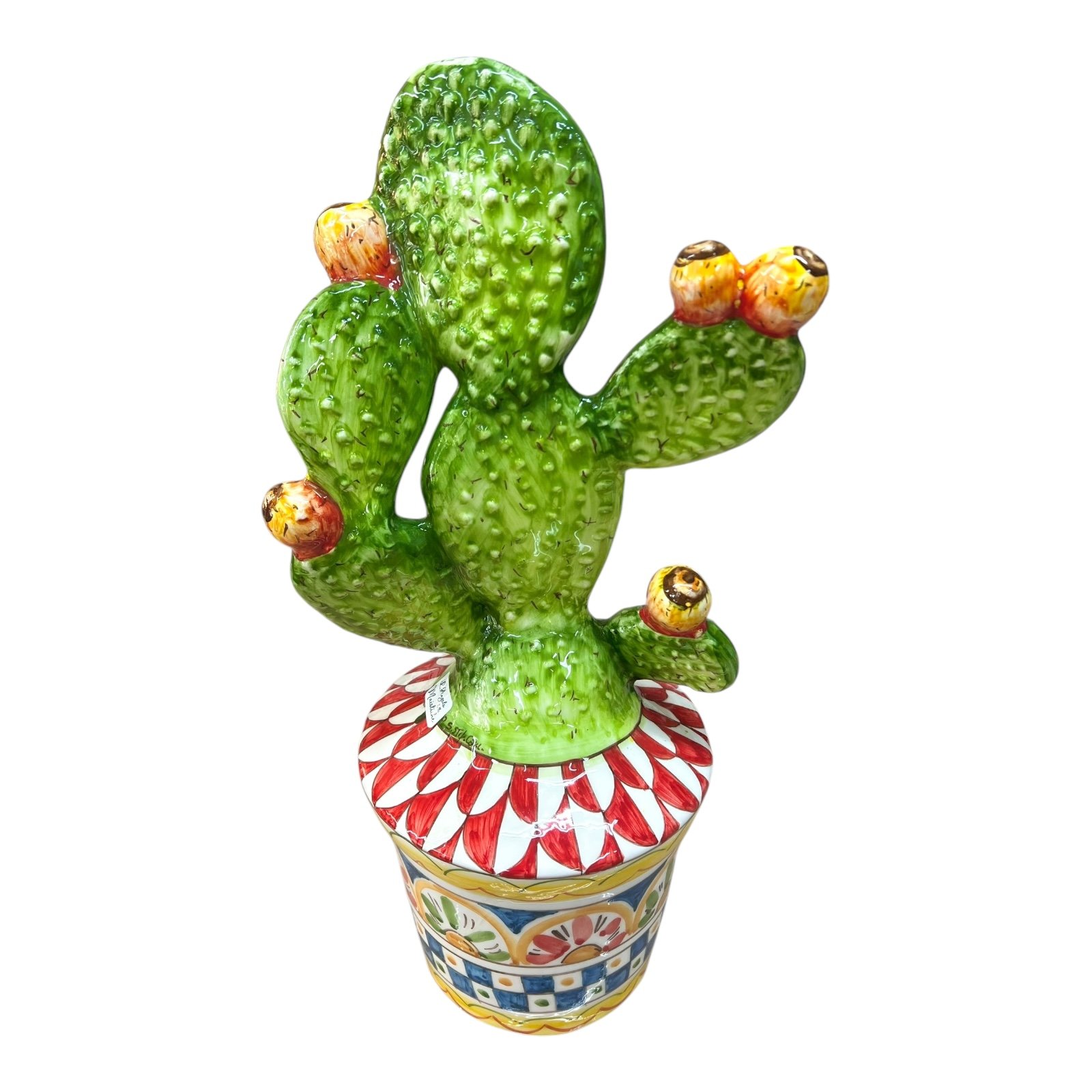 Pianta fico d’india con vaso decorato in ceramica siciliana decoro carretto Produzione artigianale di Santo Stefano di Camastra h.50cm