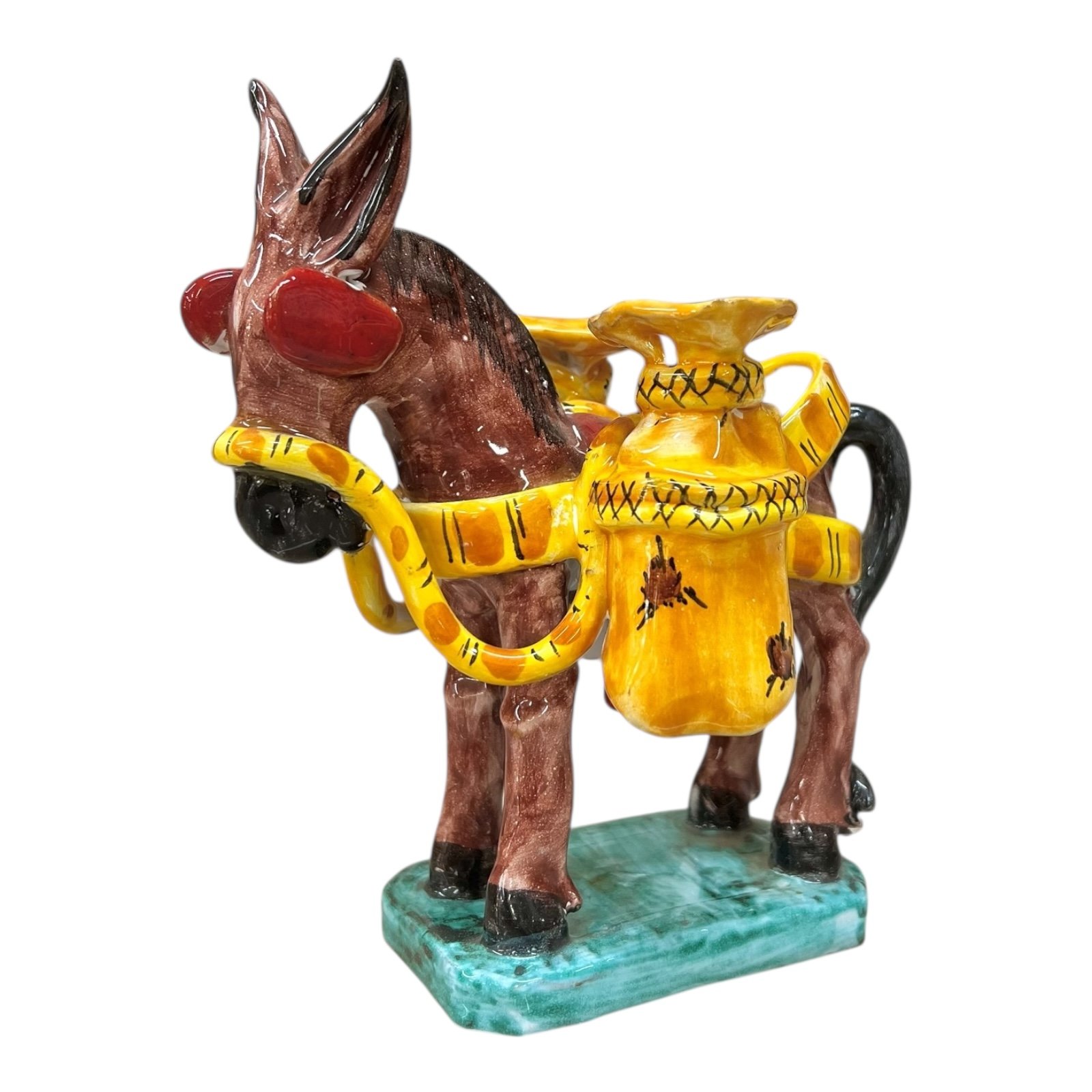 Asinello con cesti in ceramica siciliana Produzione artigianale di Santo Stefano di Camastra lunghezza 15cm