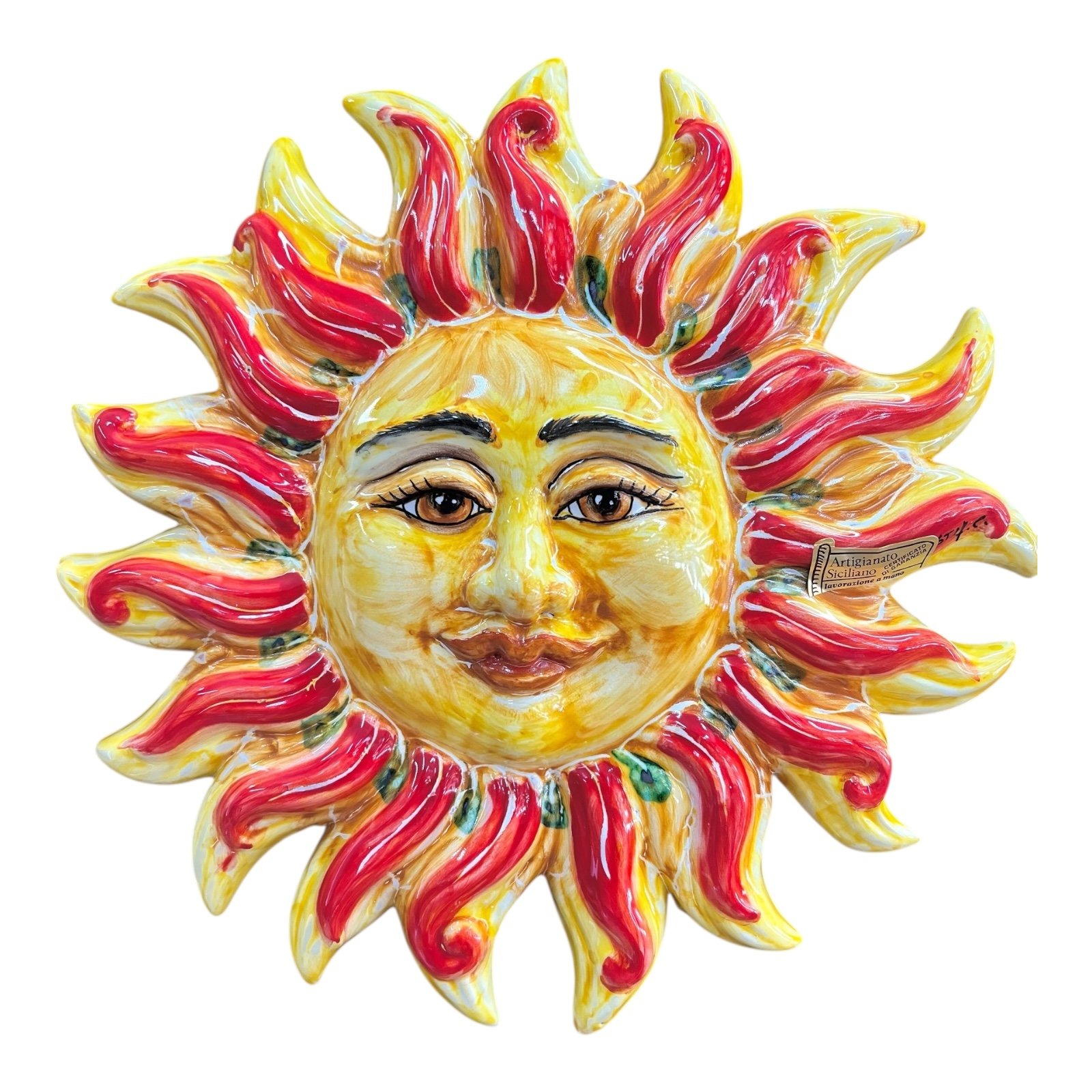 Sole da parete in ceramica siciliana decoro con peperoncini Produzione artigianale di Santo Stefano di Camastra lunghezza 30cm