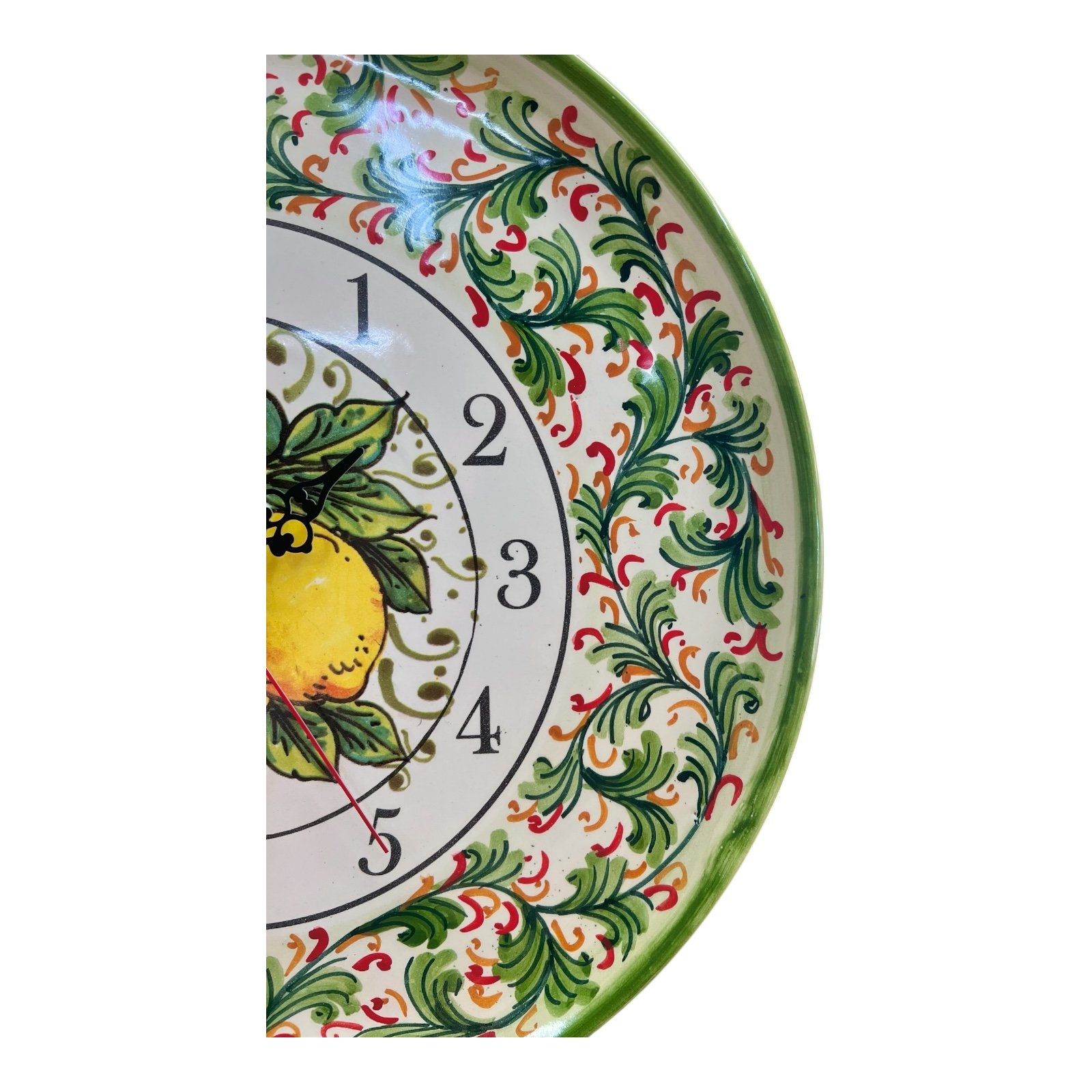Orologio da parete in ceramica siciliana decoro verde con limoni Produzione artigianale di Santo Stefano di Camastra Diametro 30cm