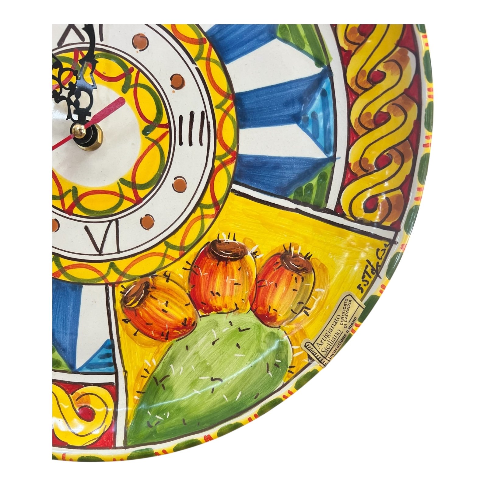 Orologio da parete in ceramica siciliana decoro siciliano con fichi d’india e limoni Produzione artigianale di Santo Stefano di Camastra Diametro 30cm