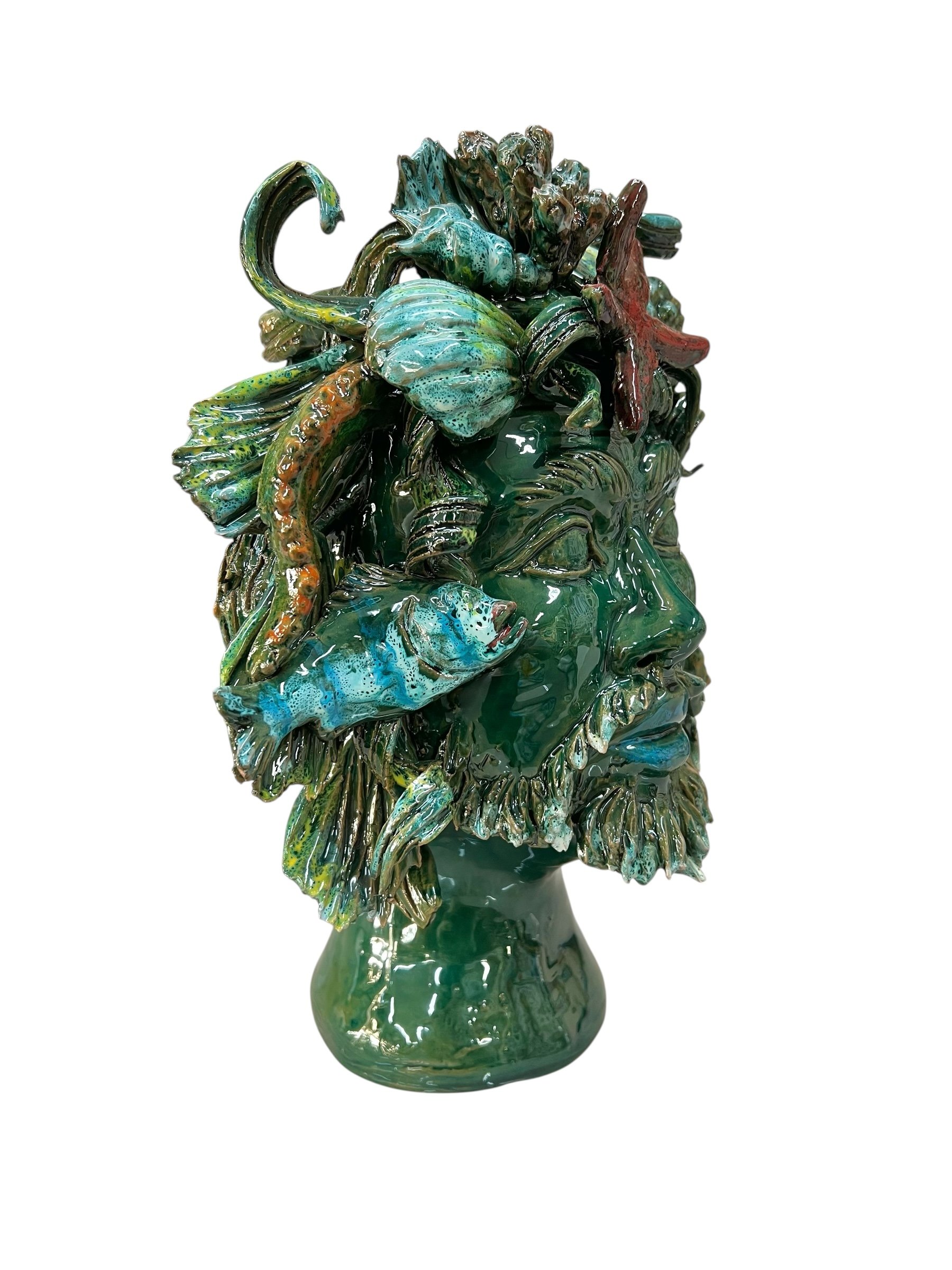 Testa di moro collezione I Miti modello Nettuno decoro verde Produzione artigianale di Palermo h.30cm