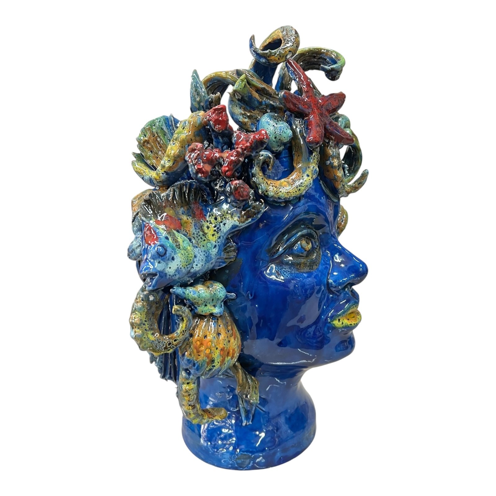 Testa di moro collezione I Miti modello Sirena decoro blu marino Produzione artigianale di Palermo h.30cm