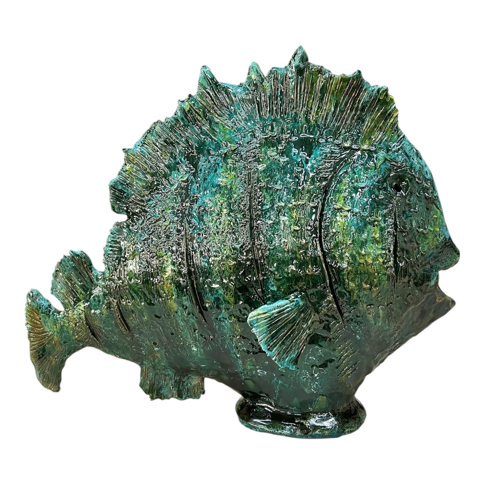 Statua pesce luna gigante d’appoggio in ceramica siciliana decoro verde Produzione artigianale di Palermo Lunghezza 60cm