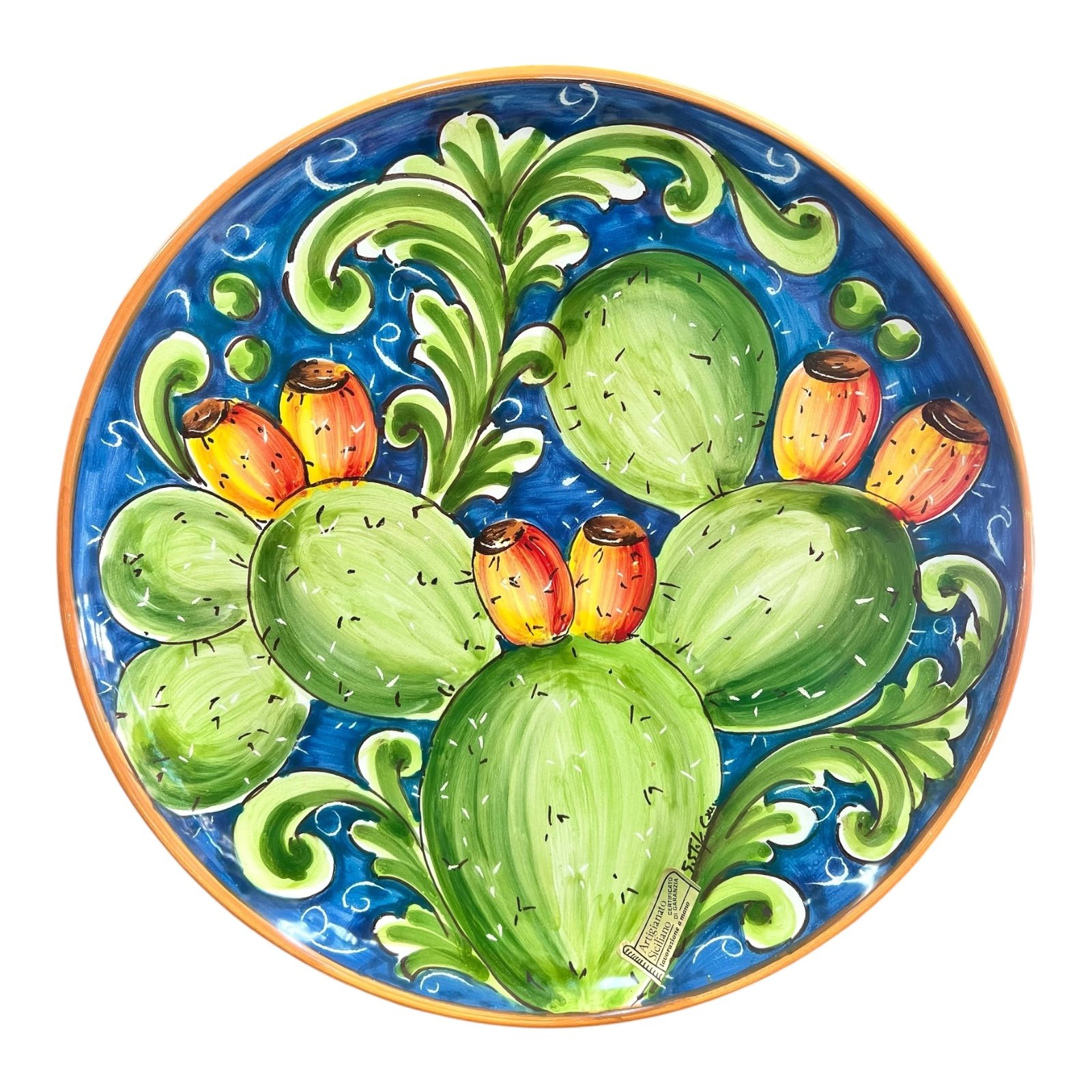 Piatto ornamentale da parete in ceramica siciliana decoro con fichi d’india Produzione artigianale di Santo Stefano di Camastra Diametro 30cm