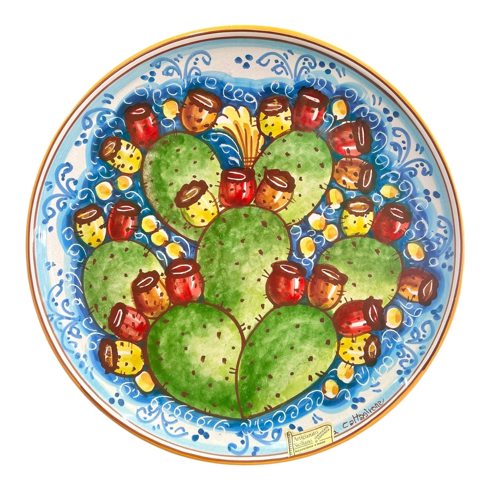 Piatto ornamentale da parete in ceramica siciliana decoro con fichi d’india Produzione artigianale di Caltagirone Diametro 30cm