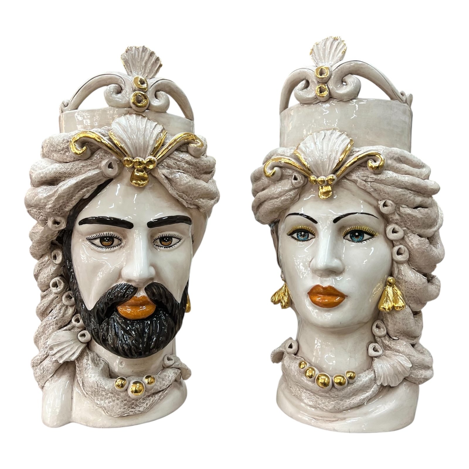 Teste di moro in ceramica siciliana decoro fumé con dettagli in oro Produzione artigianale di Caltagirone h.40cm