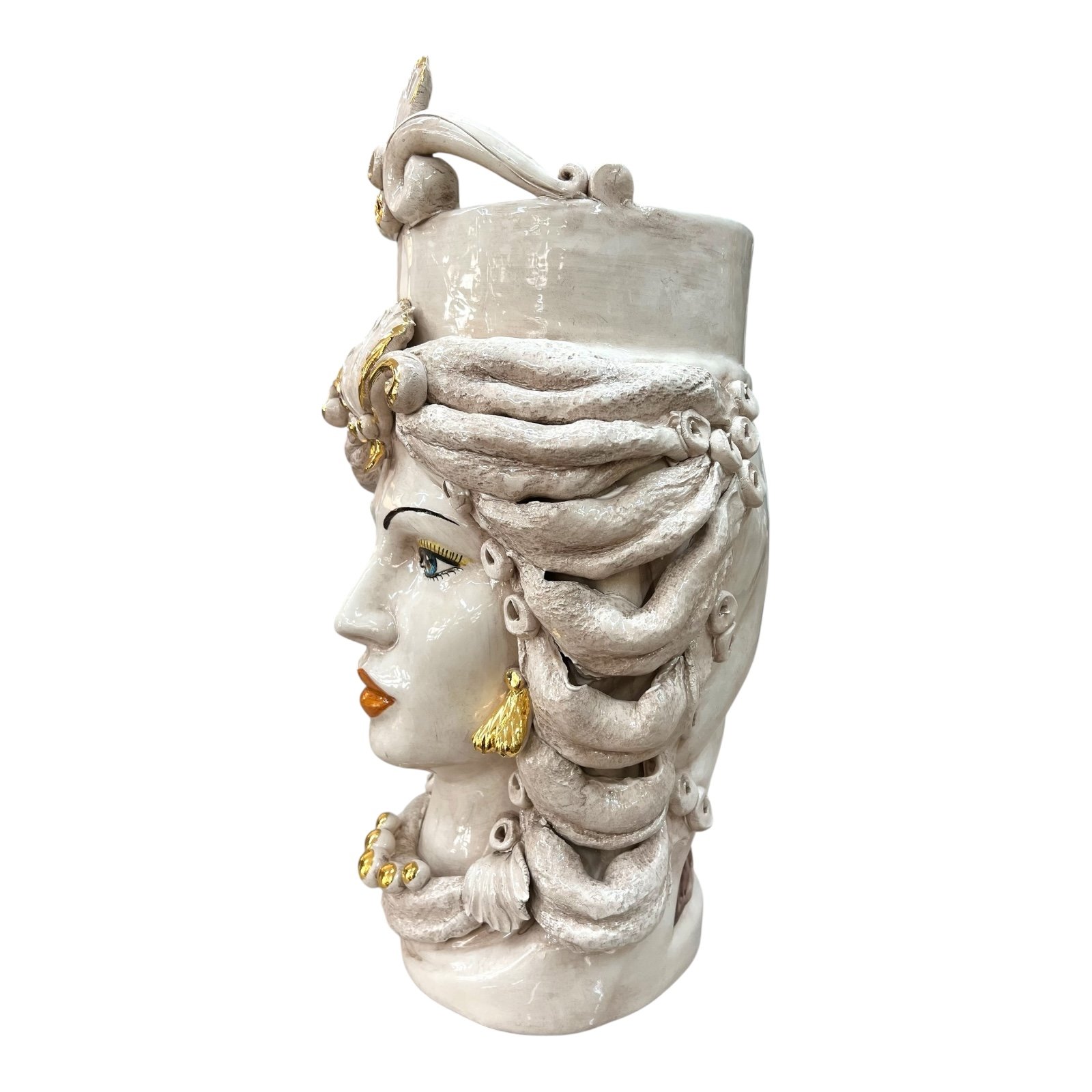 Teste di moro in ceramica siciliana decoro fumé con dettagli in oro Produzione artigianale di Caltagirone h.40cm