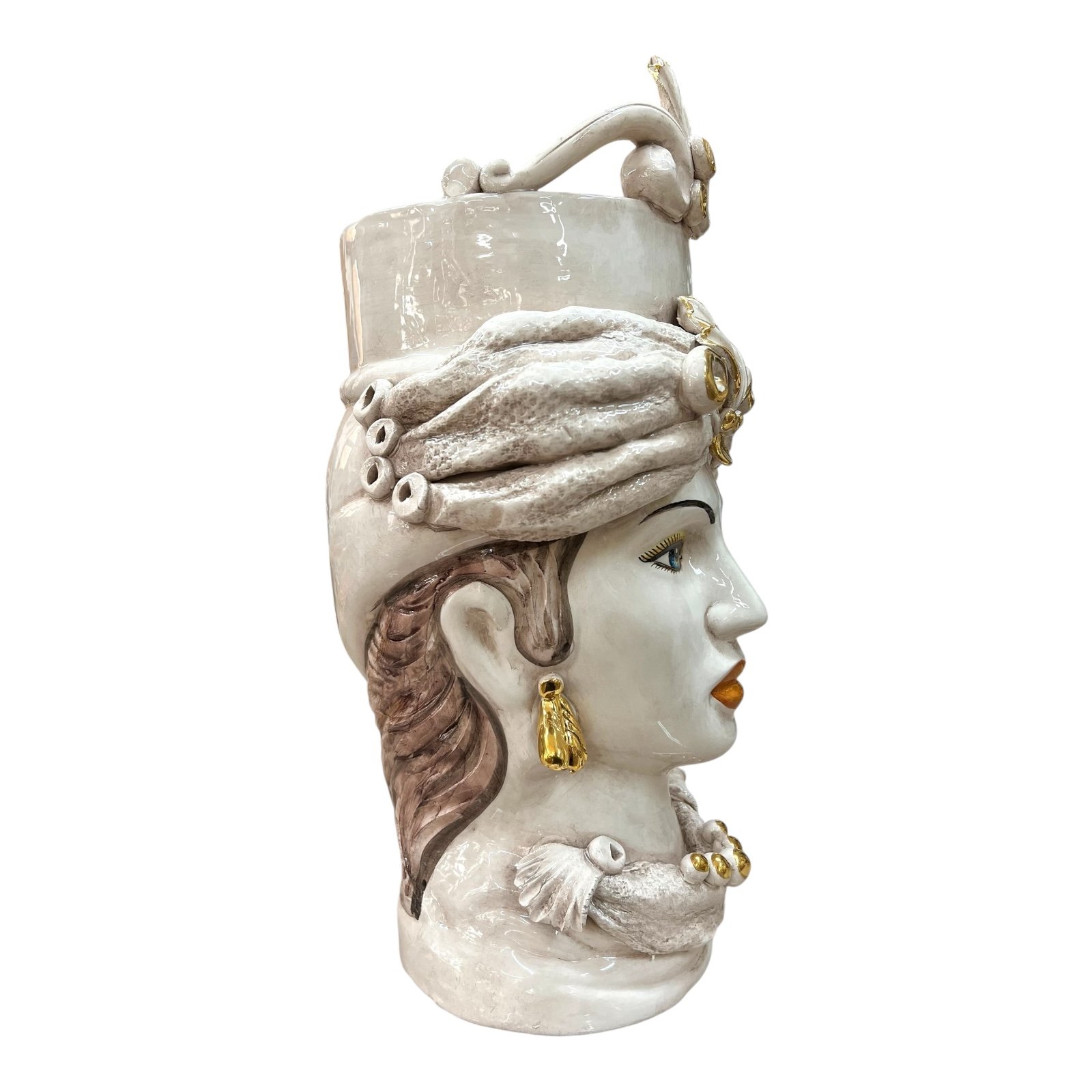 Teste di moro in ceramica siciliana decoro fumé con dettagli in oro Produzione artigianale di Caltagirone h.40cm