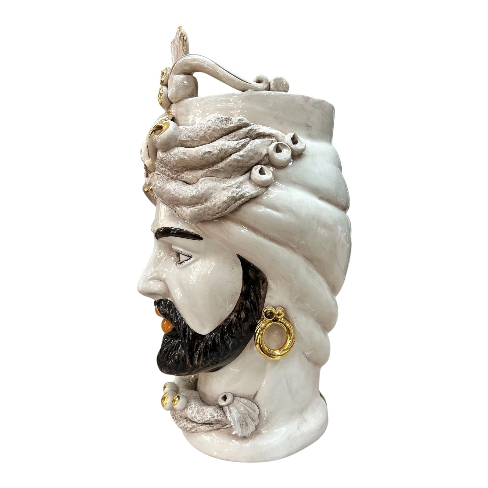 Teste di moro in ceramica siciliana decoro fumé con dettagli in oro Produzione artigianale di Caltagirone h.40cm