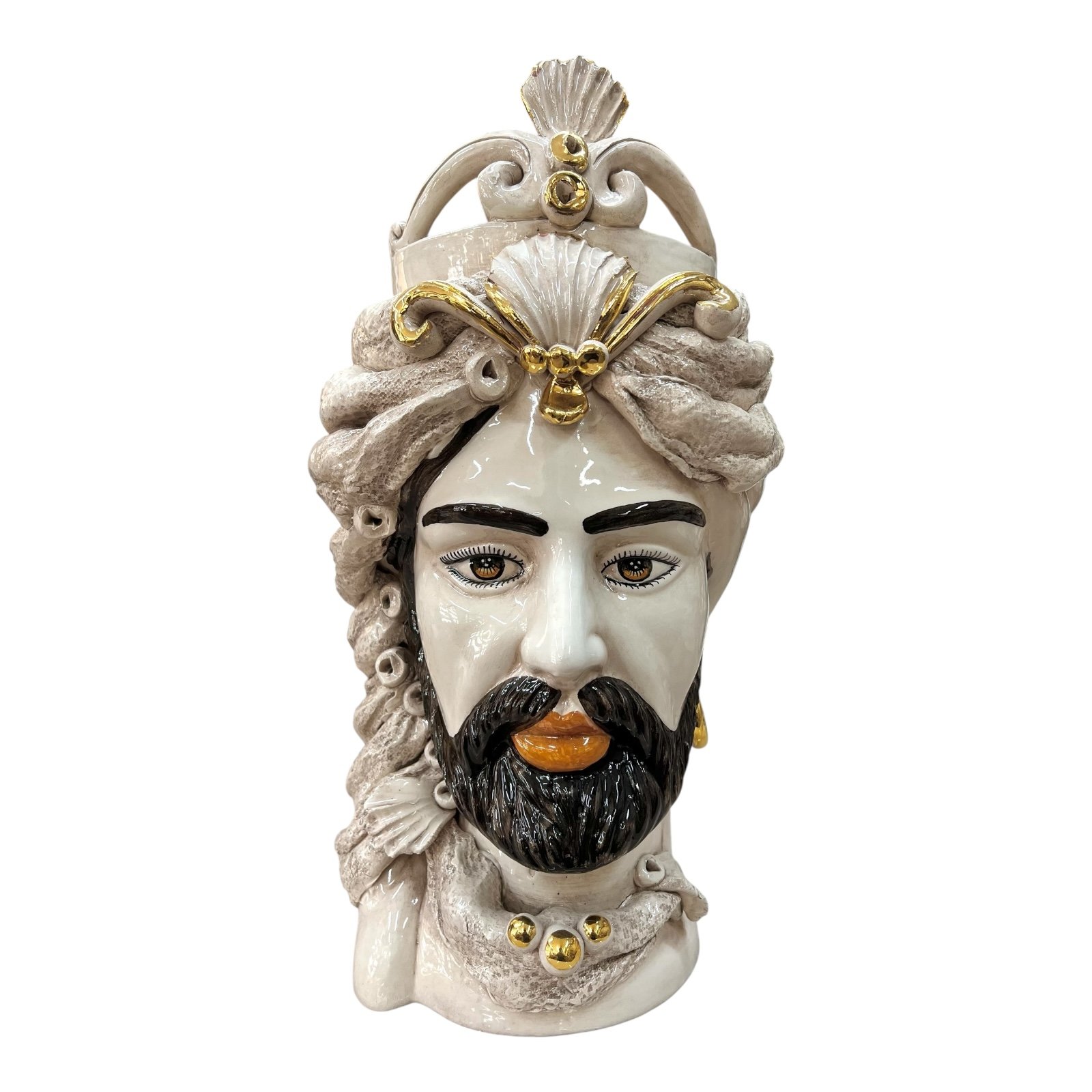 Teste di moro in ceramica siciliana decoro fumé con dettagli in oro Produzione artigianale di Caltagirone h.40cm