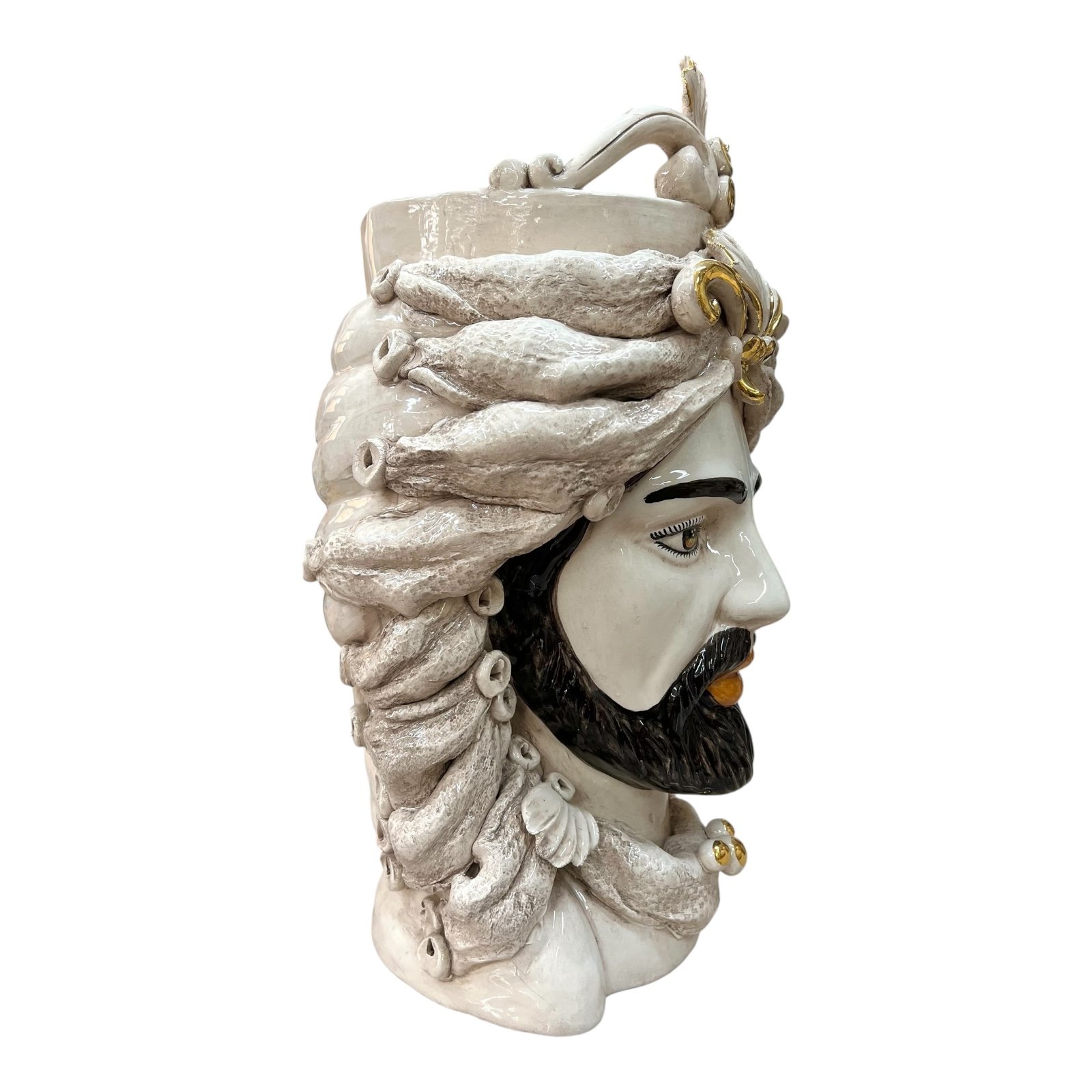 Teste di moro in ceramica siciliana decoro fumé con dettagli in oro Produzione artigianale di Caltagirone h.40cm