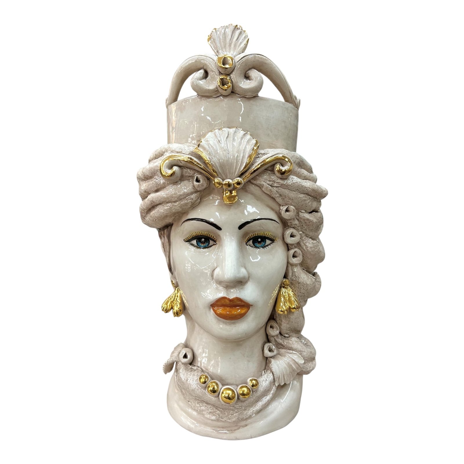 Teste di moro in ceramica siciliana decoro fumé con dettagli in oro Produzione artigianale di Caltagirone h.40cm
