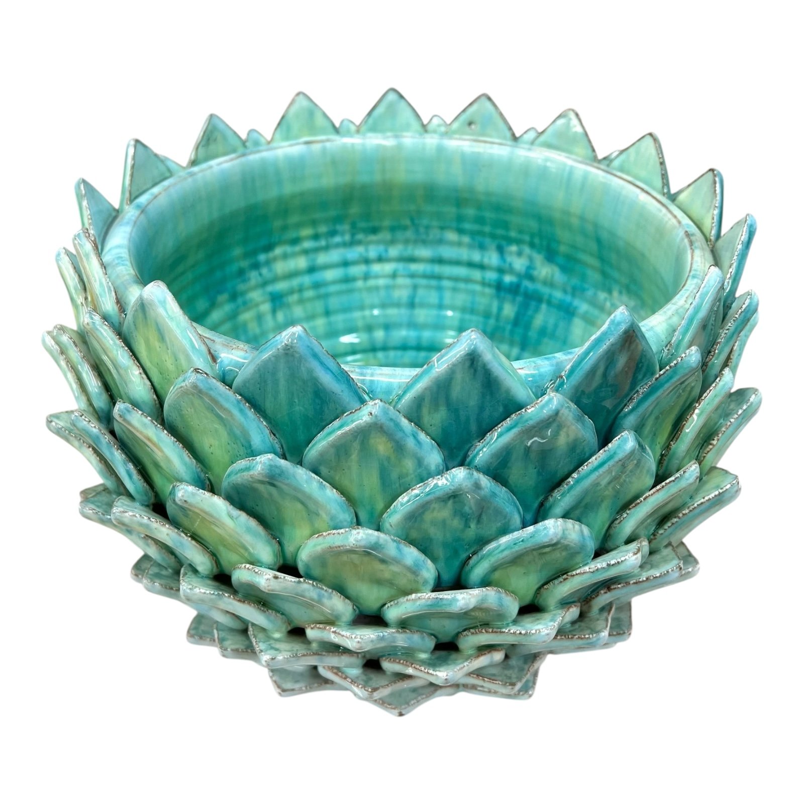 Vaso loto portapianta in ceramica siciliana decoro verde acqua Produzione artigianale di Santo Stefano di Camastra Diametro 30cm