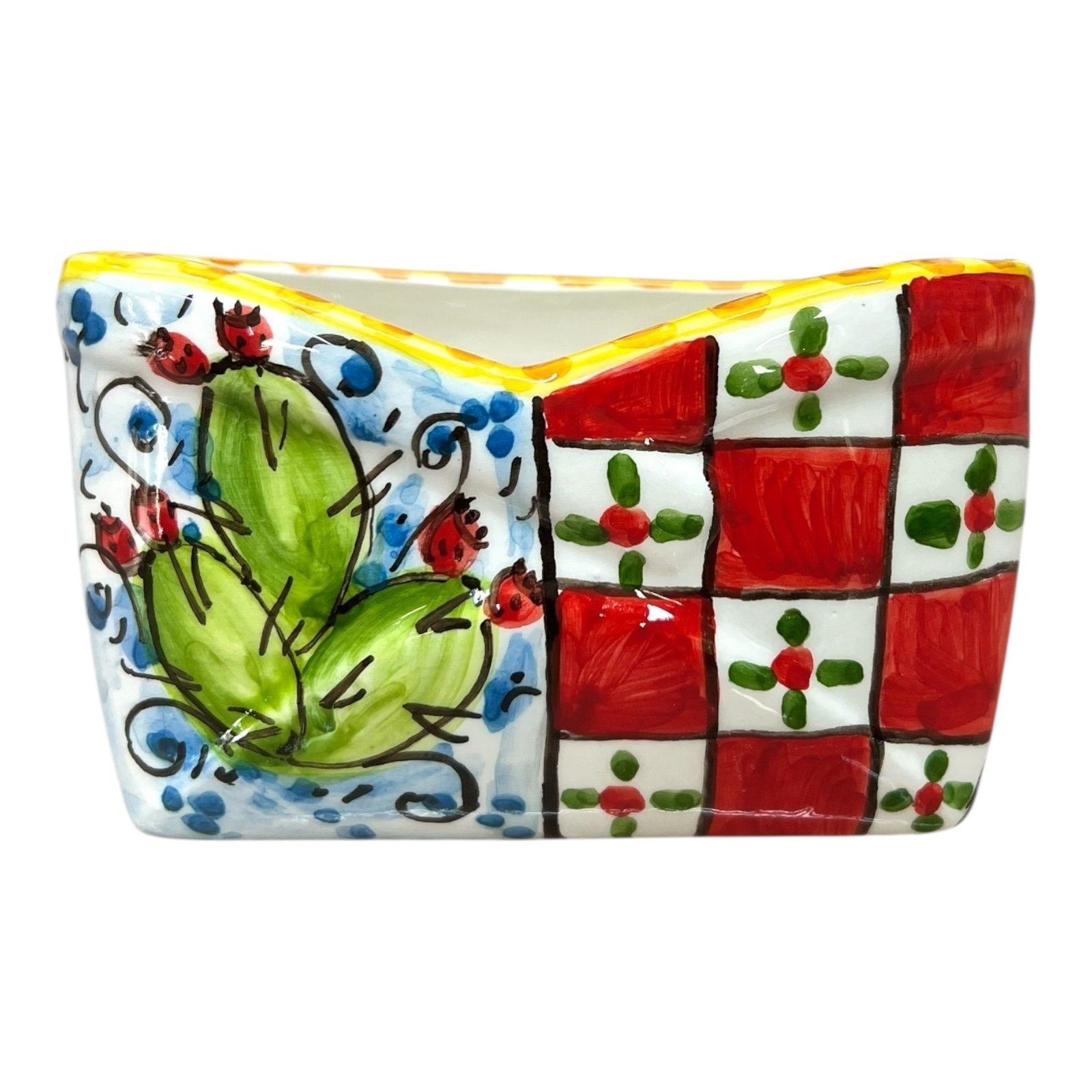 Porta biglietti da visita da tavolo in ceramica siciliana decoro carretto con fichi d’india e limoni Produzione artigianale di Caltagirone Lunghezza 12cm