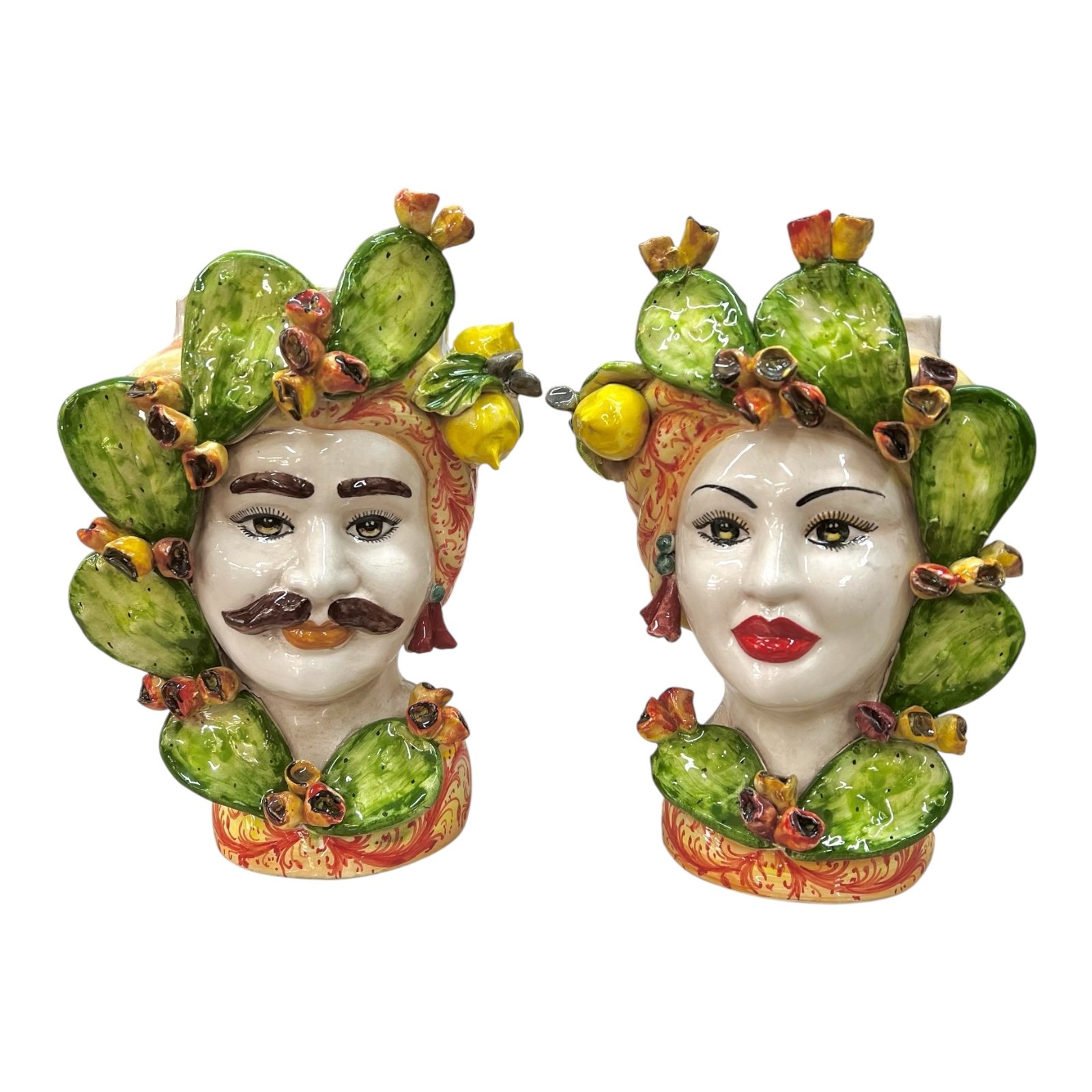 Coppia Teste di moro coppia con fichi d’india e limoni in ceramica siciliana Produzione artigianale di Caltagirone h.30cm