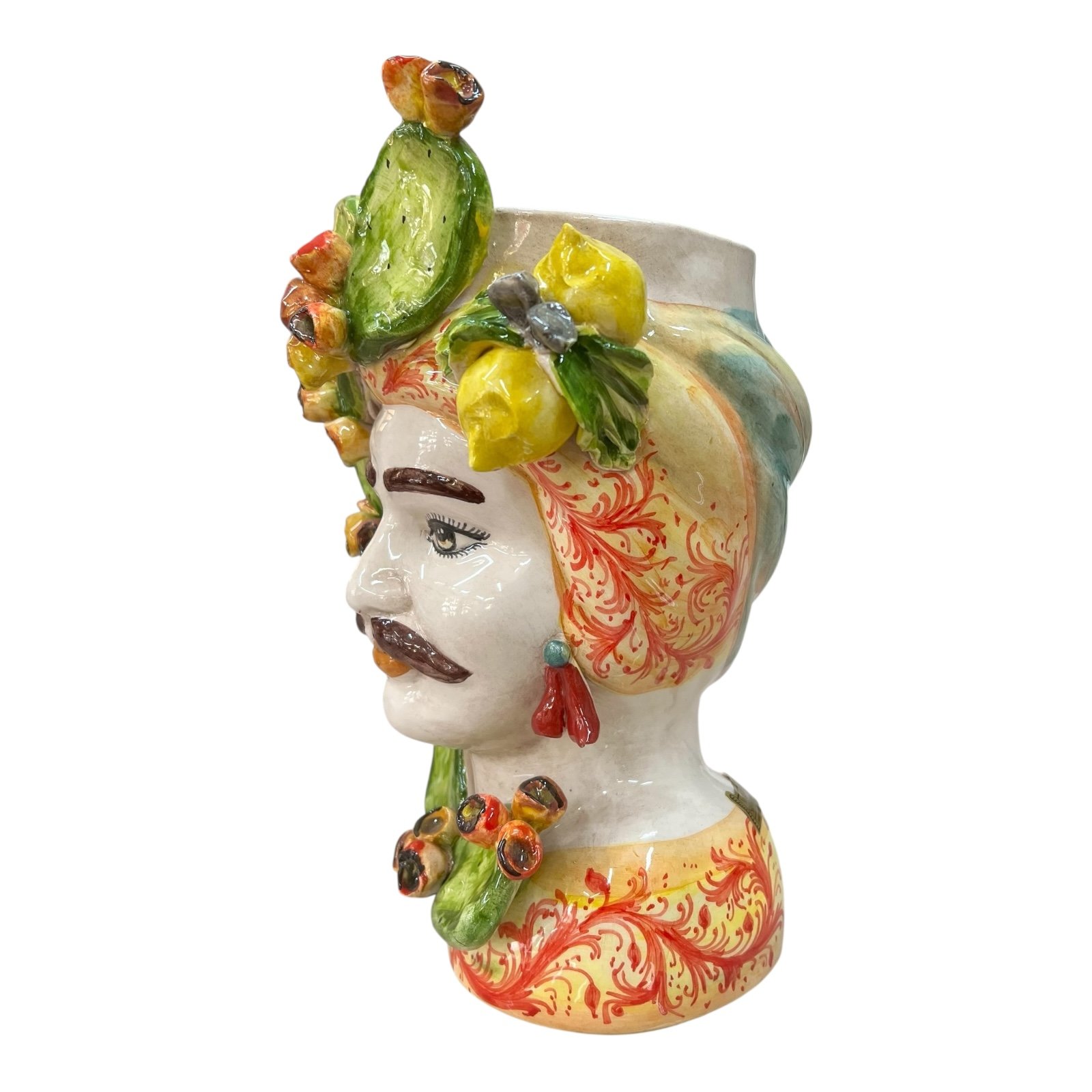 Coppia Teste di moro coppia con fichi d’india e limoni in ceramica siciliana Produzione artigianale di Caltagirone h.30cm
