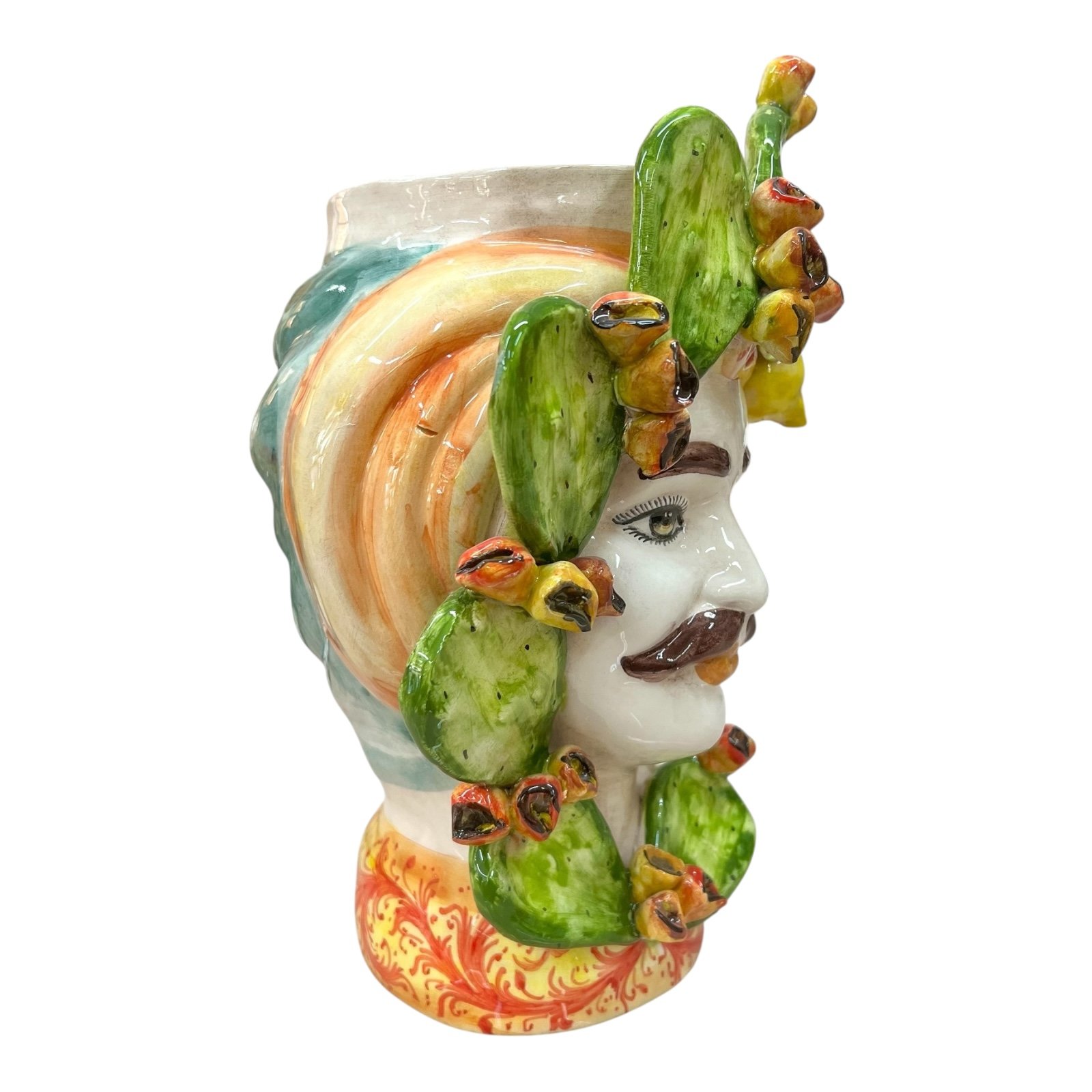 Coppia Teste di moro coppia con fichi d’india e limoni in ceramica siciliana Produzione artigianale di Caltagirone h.30cm