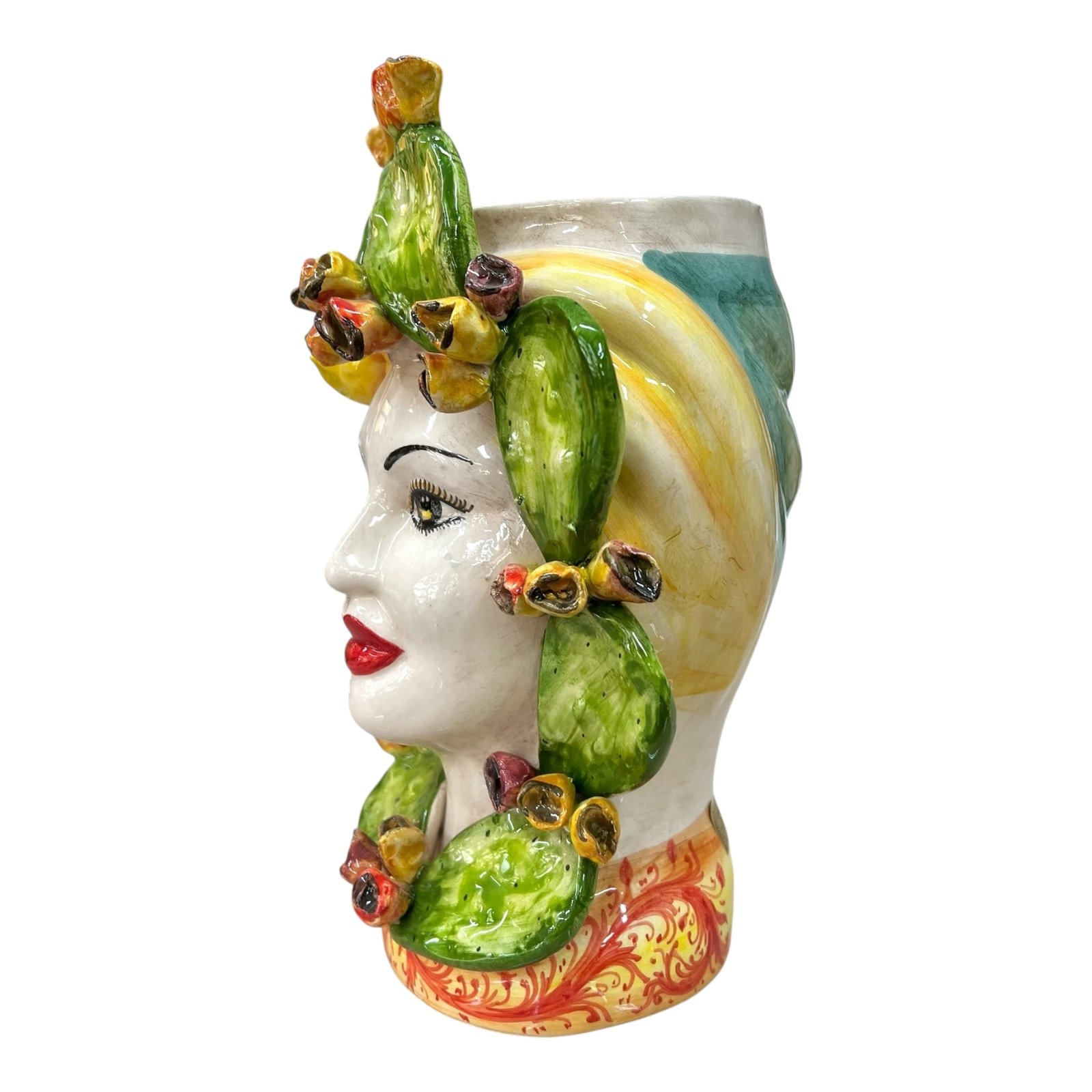 Coppia Teste di moro coppia con fichi d’india e limoni in ceramica siciliana Produzione artigianale di Caltagirone h.30cm
