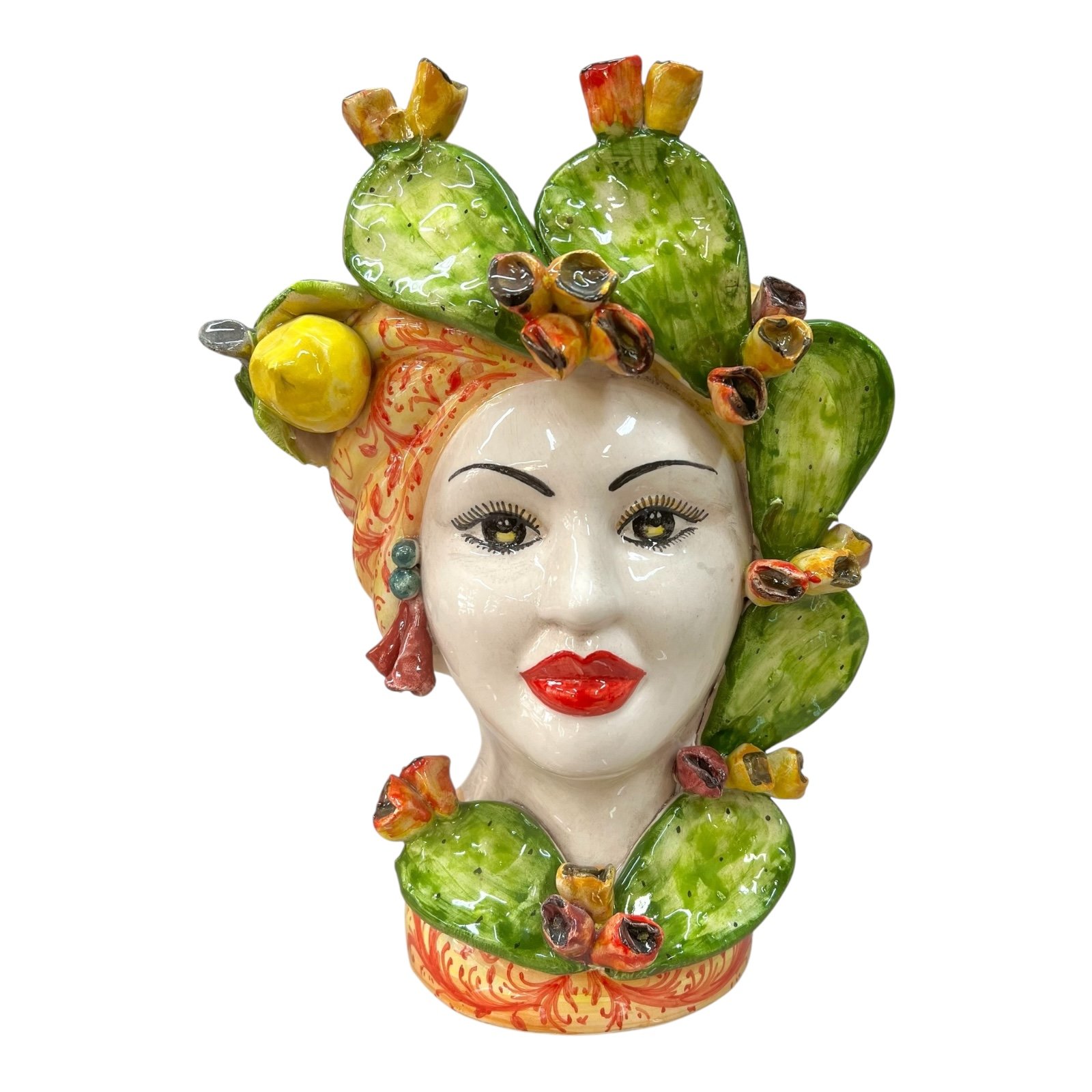 Coppia Teste di moro coppia con fichi d’india e limoni in ceramica siciliana Produzione artigianale di Caltagirone h.30cm