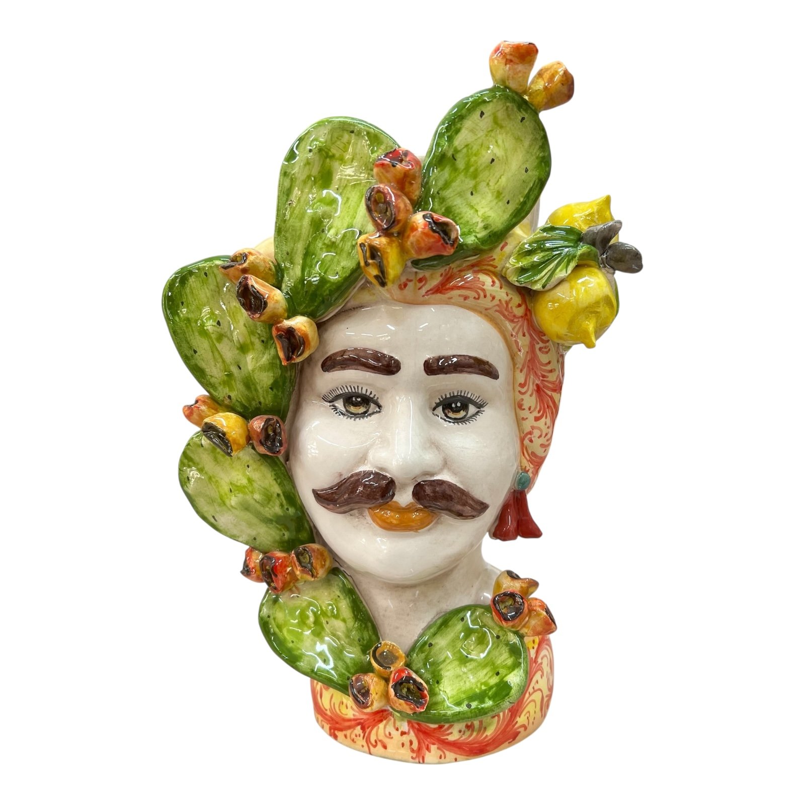 Coppia Teste di moro coppia con fichi d’india e limoni in ceramica siciliana Produzione artigianale di Caltagirone h.30cm
