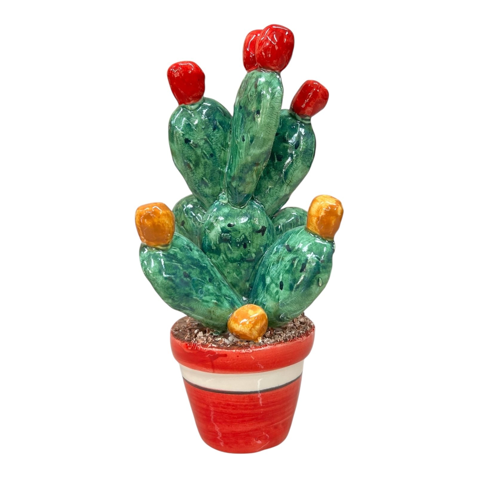 Pianta fico d’india in ceramica siciliana vaso rosso Produzione artigianale di Caltagirone h.17 cm