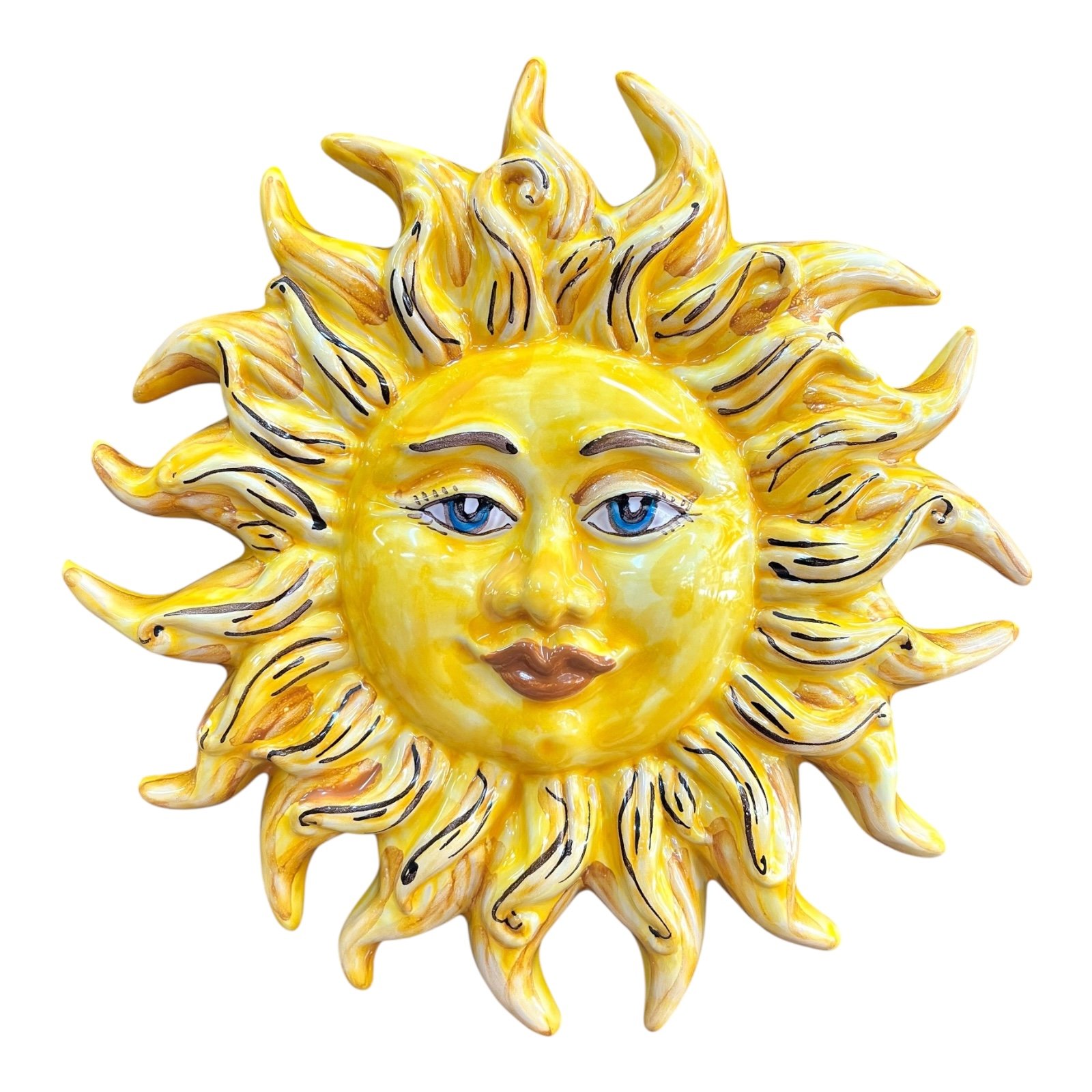 Sole ornamentale da parete in ceramica siciliana decoro giallo Produzione artigianale di Santo Stefano di Camastra Diametro 30cm
