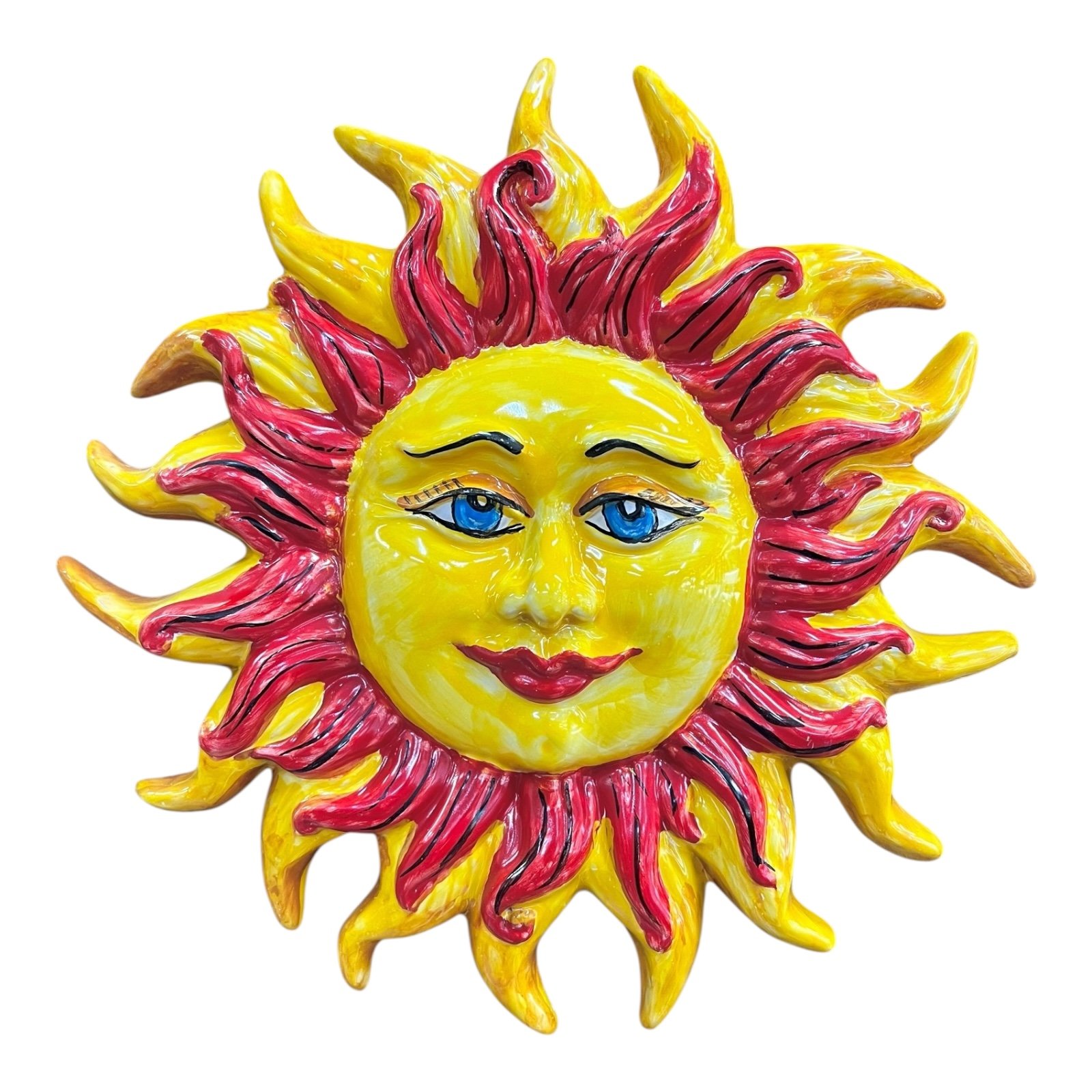 Sole ornamentale da parete in ceramica siciliana decoro rosso fuoco Produzione artigianale di Santo Stefano di Camastra Diametro 30cm