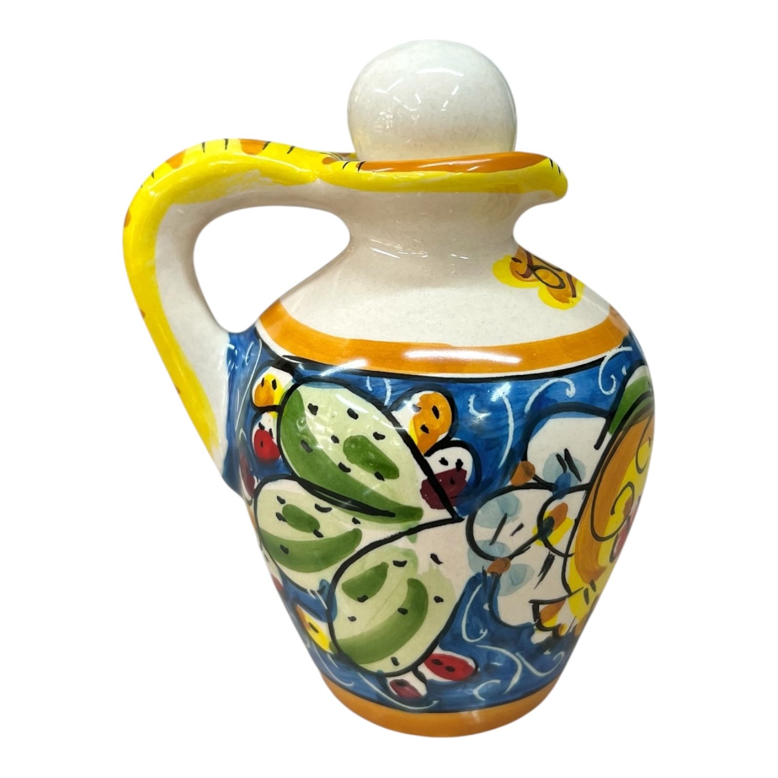 Oliera con manico in ceramica siciliana decoro melograno e fichi d’india fondo blu Produzione artigianale di Caltagirone h.13cm