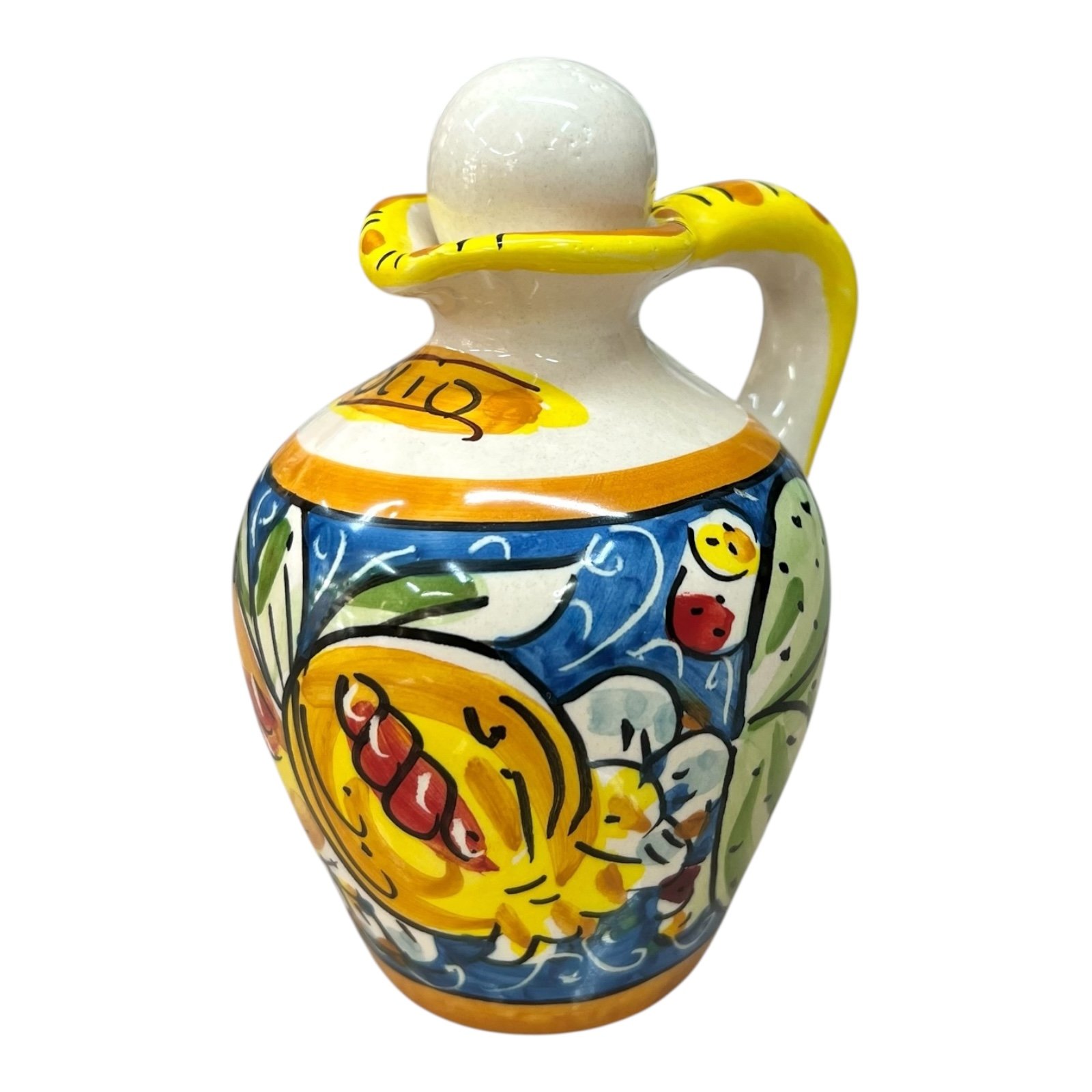 Oliera con manico in ceramica siciliana decoro melograno e fichi d’india fondo blu Produzione artigianale di Caltagirone h.13cm