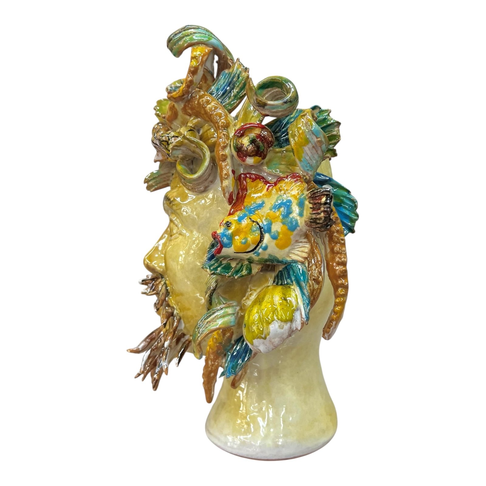Teste di moro collezione I Miti modello Nettuno decoro giallo sabbia Produzione artigianale di Palermo h.30cm