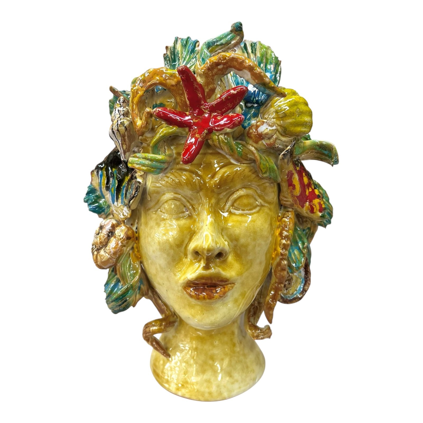 Teste di moro collezione I Miti modello Sirena decoro giallo sabbia Produzione artigianale di Palermo h.30cm