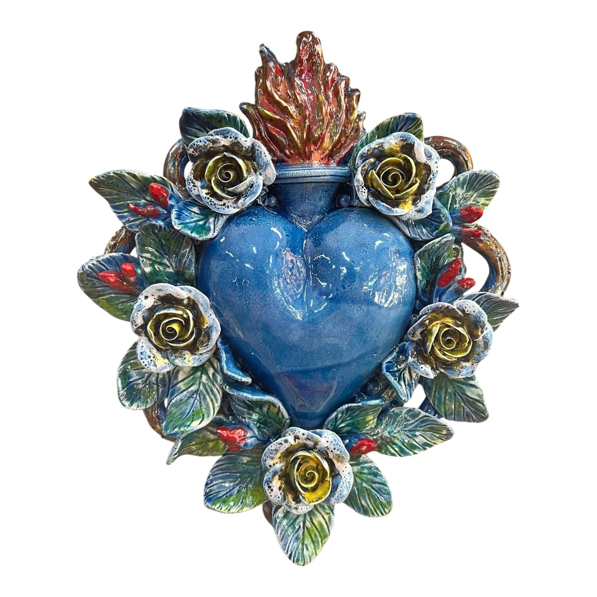 Cuore sacro Ex Voto da parete in decoro blu antico in ceramica siciliana Produzione artigianale di Palermo h.30cm
