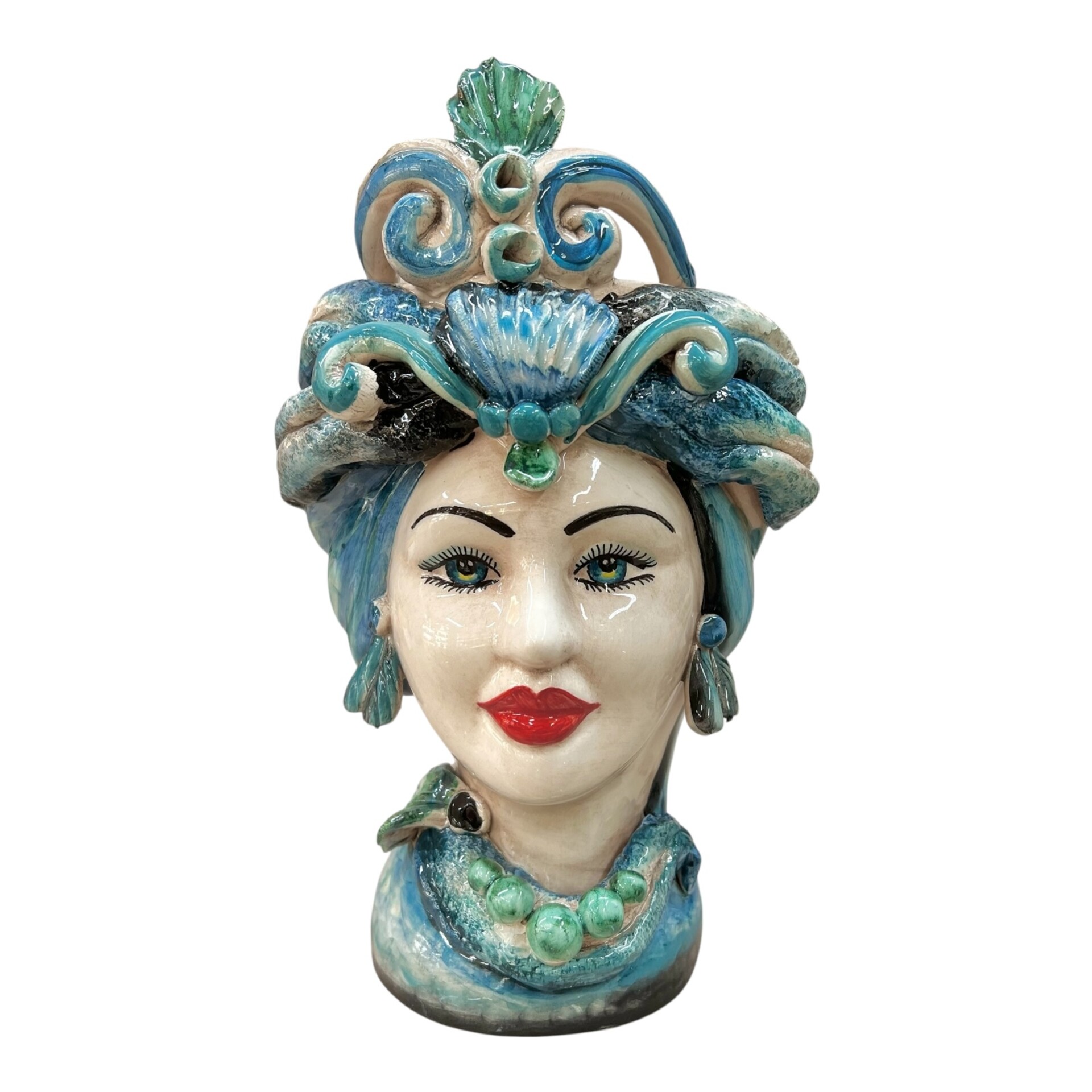 Coppia Teste di moro in ceramica siciliana con corona e turbante decoro blu e nero Produzione artigianale di Caltagirone h.30cm