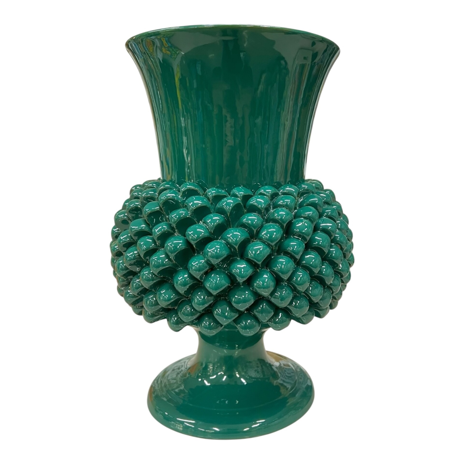 Vaso a pigna in ceramica siciliana decoro verde bottiglia Produzione artigianale di Santo Stefano di Camastra h.30cm