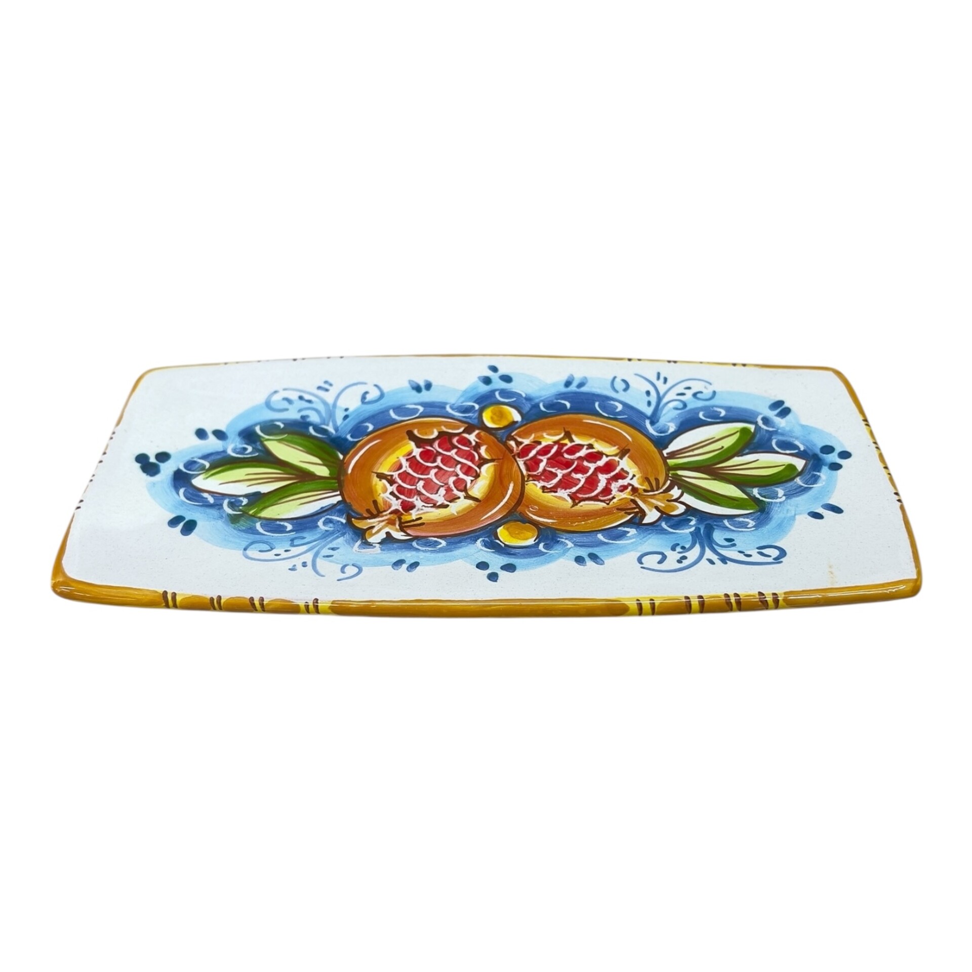 Piatto sushi in ceramica siciliana decoro con melograni Produzione artigianale di Caltagirone lunghezza 20cm