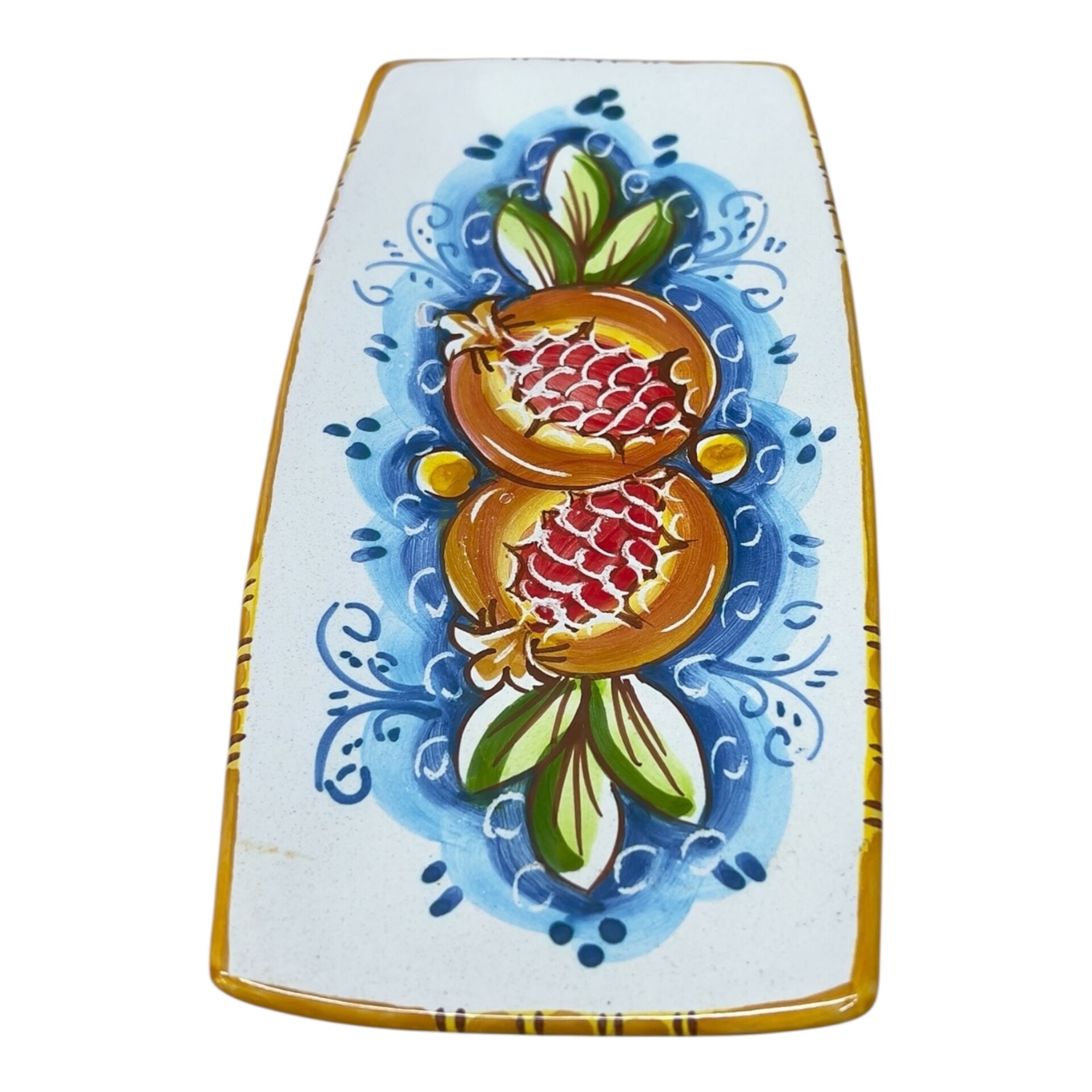 Piatto sushi in ceramica siciliana decoro con melograni Produzione artigianale di Caltagirone lunghezza 20cm