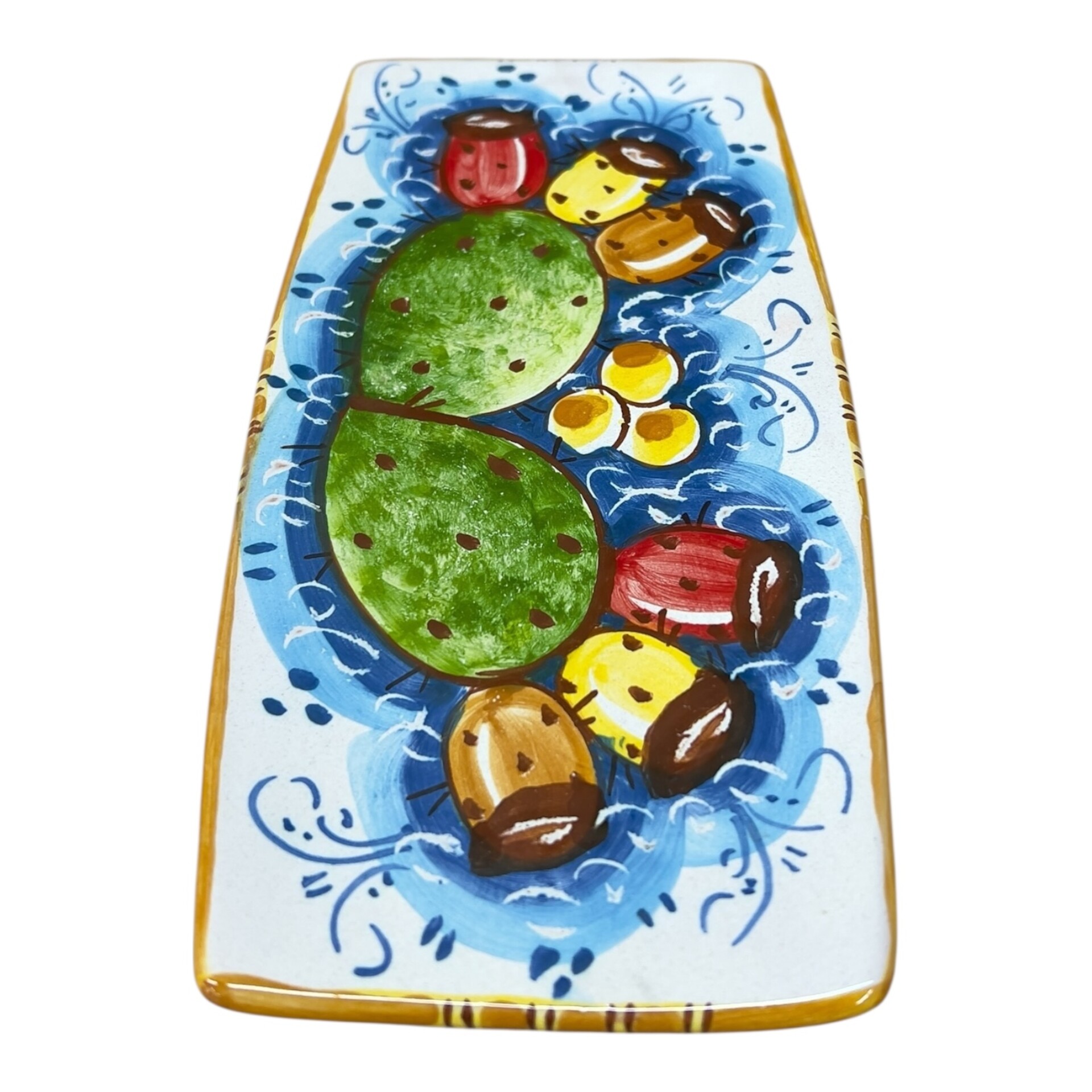 Piatto sushi in ceramica siciliana decoro con fichi d’india Produzione artigianale di Caltagirone lunghezza 20cm