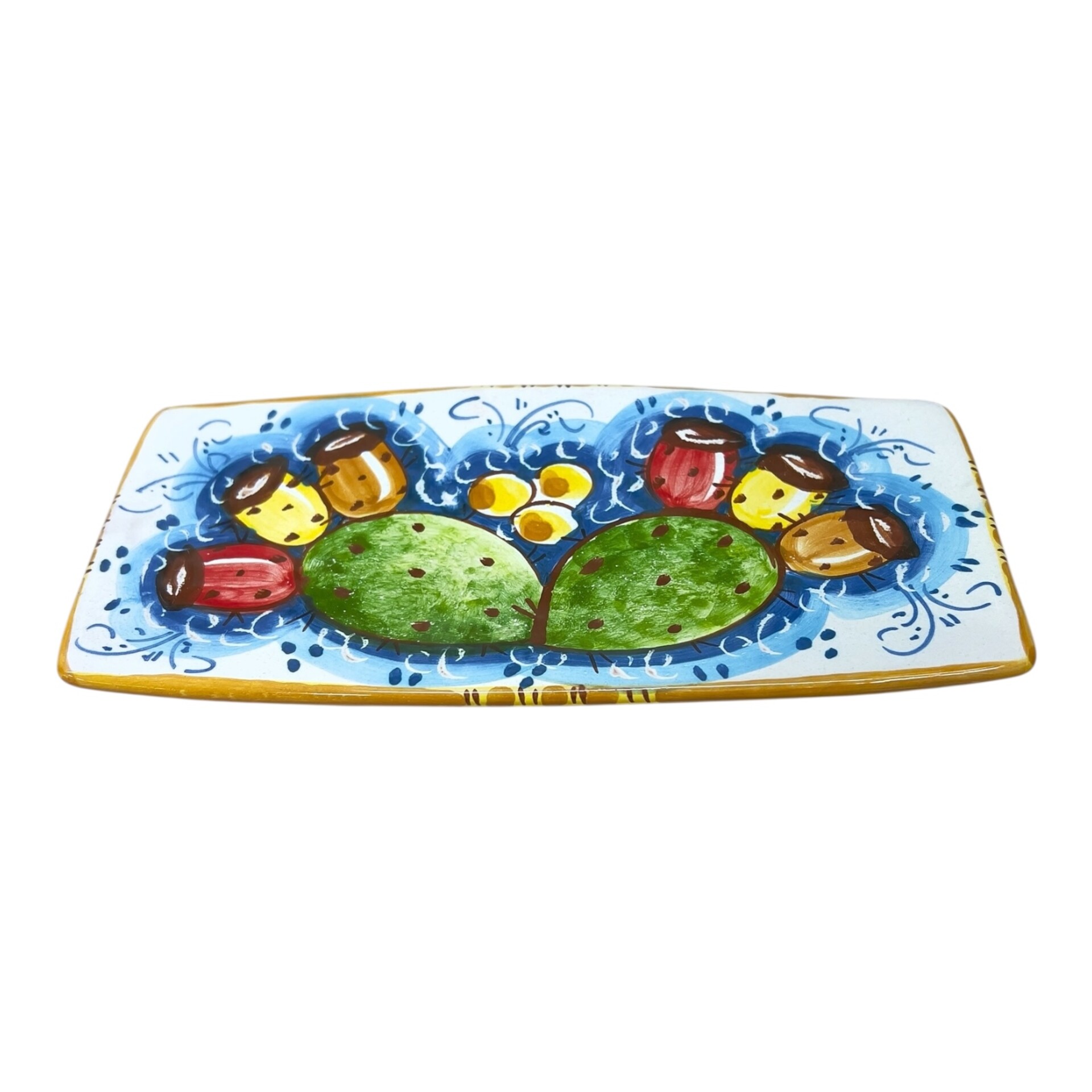 Piatto sushi in ceramica siciliana decoro con fichi d’india Produzione artigianale di Caltagirone lunghezza 20cm