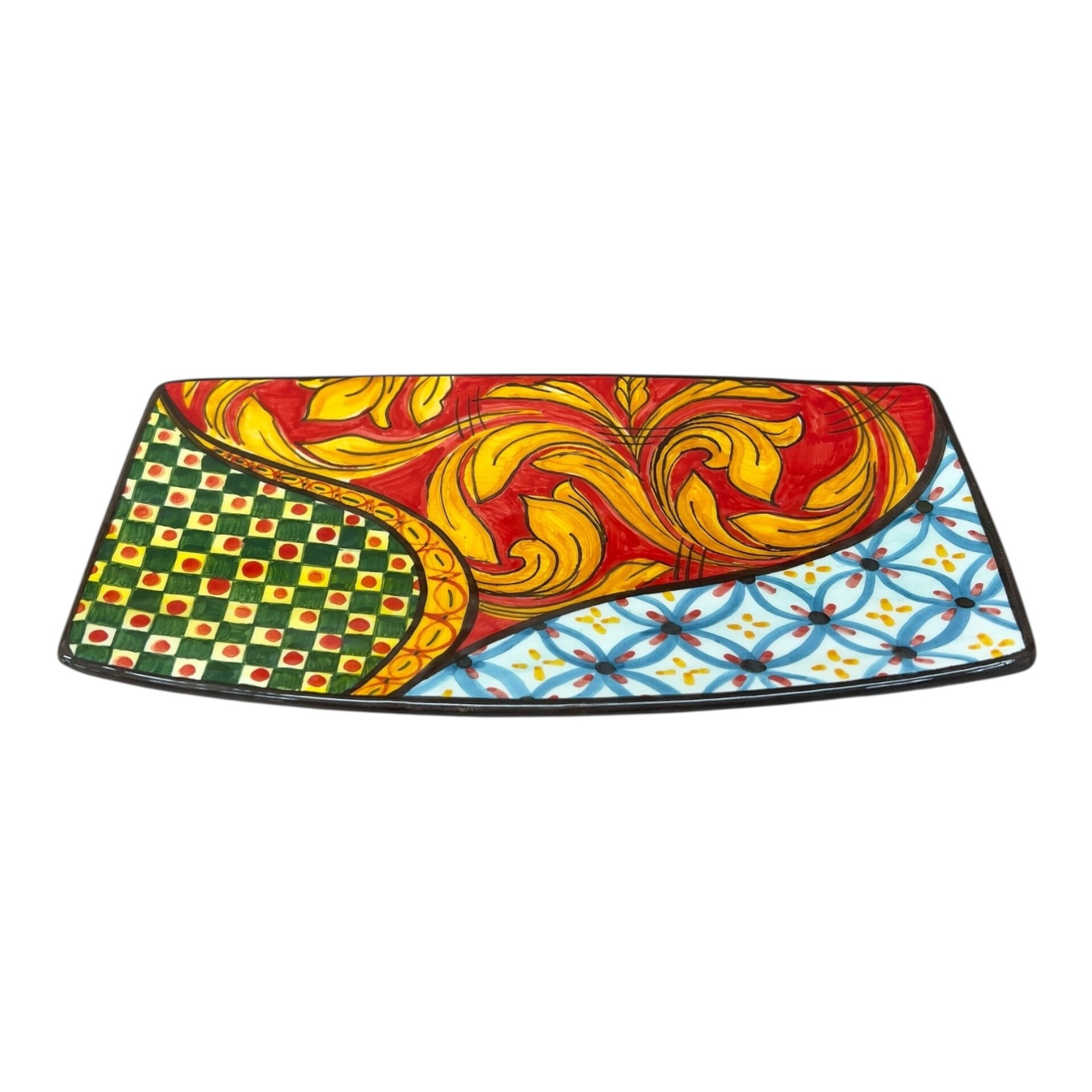 Piatto sushi in ceramica siciliana decoro Sicilian Folk Produzione artigianale di Catania lunghezza 20cm