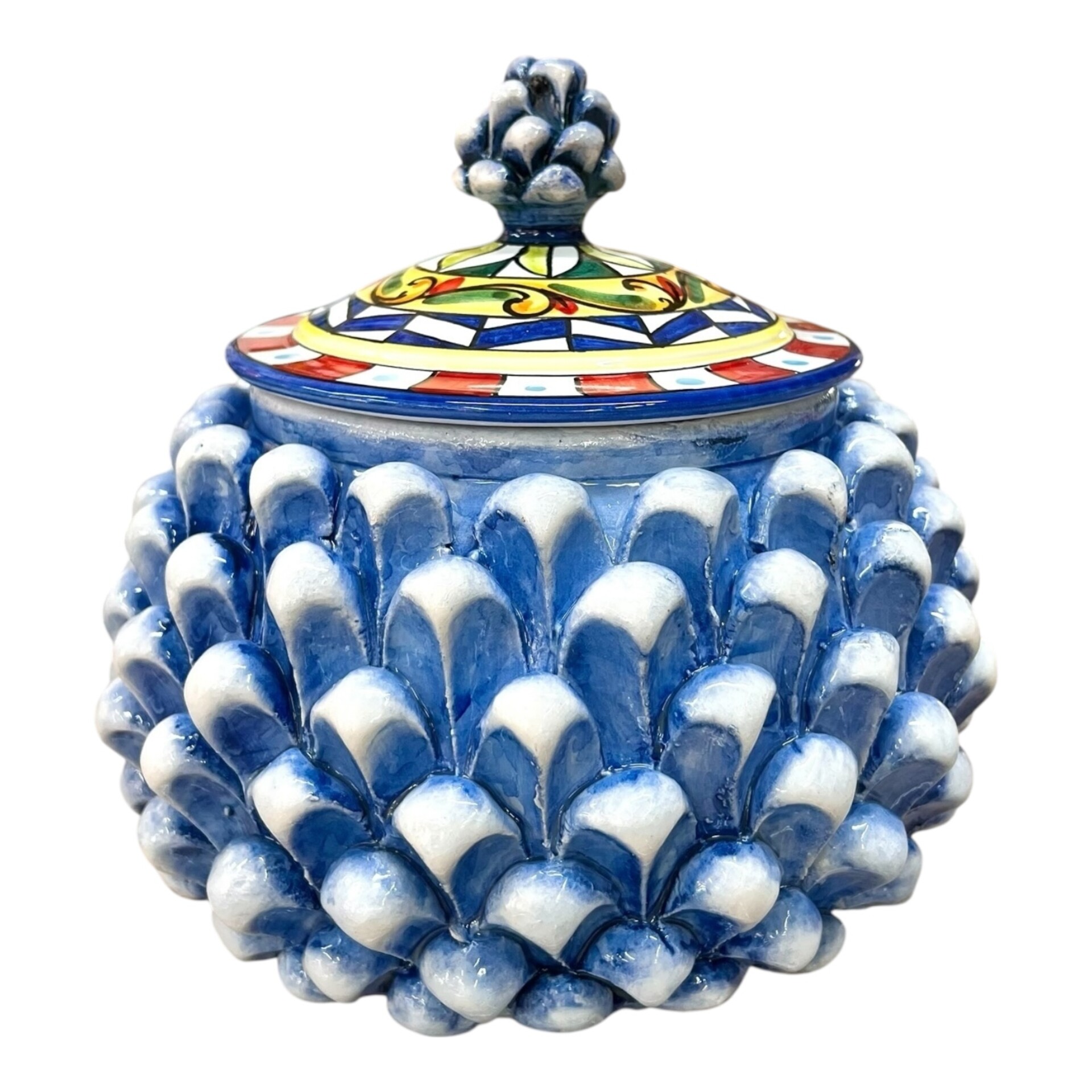 Biscottiera pigna blu antico sfumato decoro carretto Produzione artigianale di Santo Stefano di Camastra h.22cm