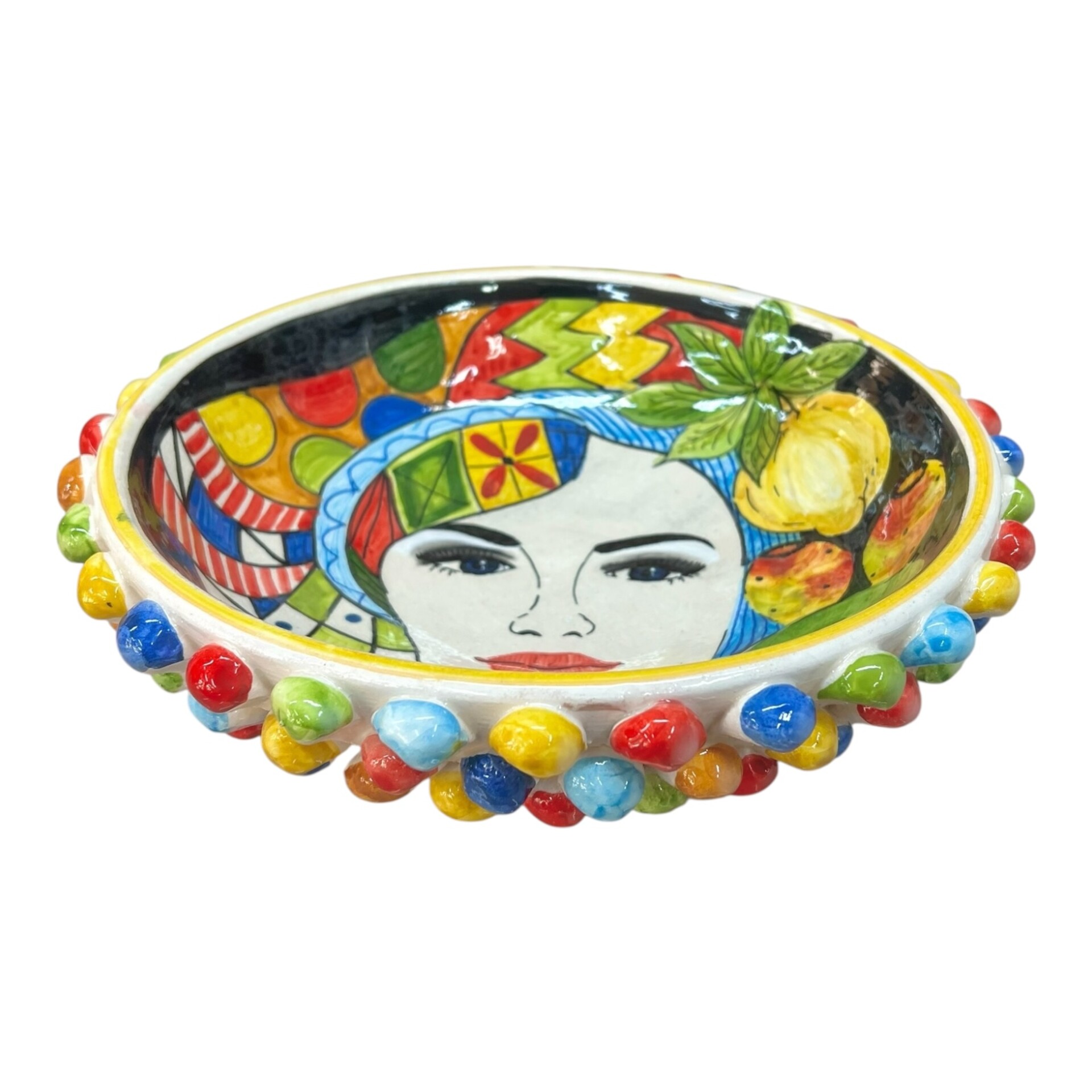 Centrotavola a pigna in ceramica siciliana multicolore con testa di moro donna, limoni e fichi d’ind Produzione artigianale di Santo Stefano di Camastra Diametro 25cm