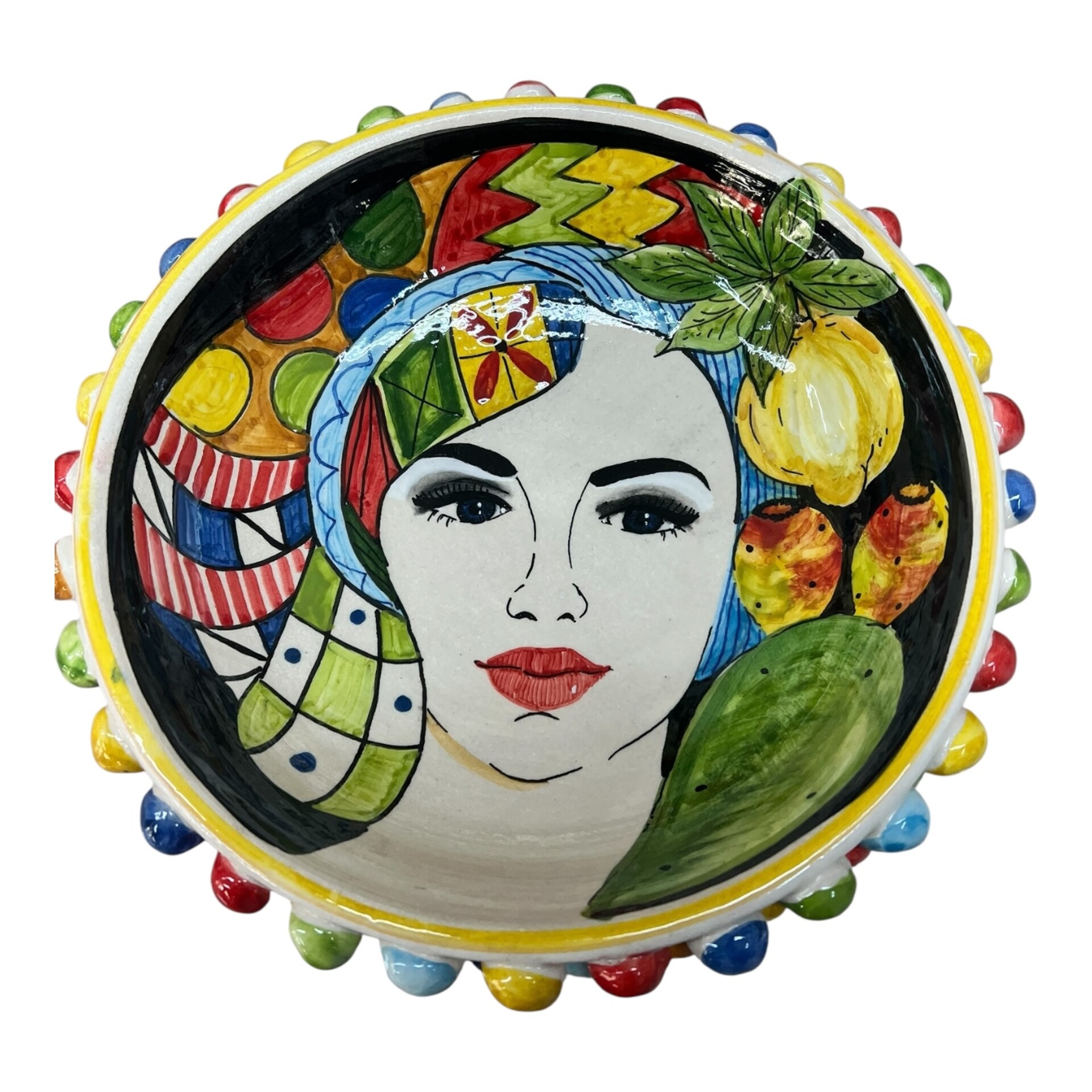 Centrotavola a pigna in ceramica siciliana multicolore con testa di moro donna, limoni e fichi d’ind Produzione artigianale di Santo Stefano di Camastra Diametro 25cm