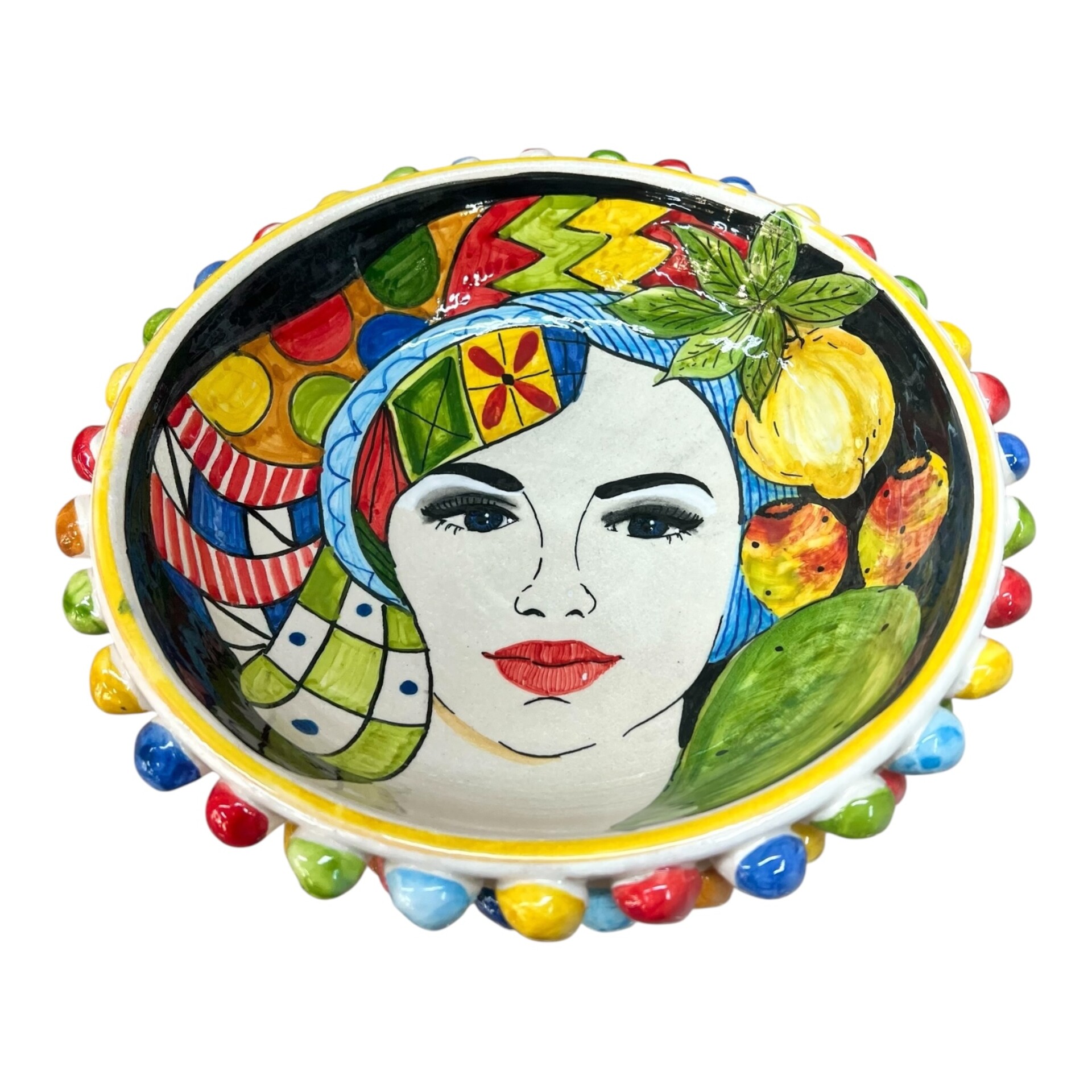 Centrotavola a pigna in ceramica siciliana multicolore con testa di moro donna, limoni e fichi d’ind Produzione artigianale di Santo Stefano di Camastra Diametro 25cm