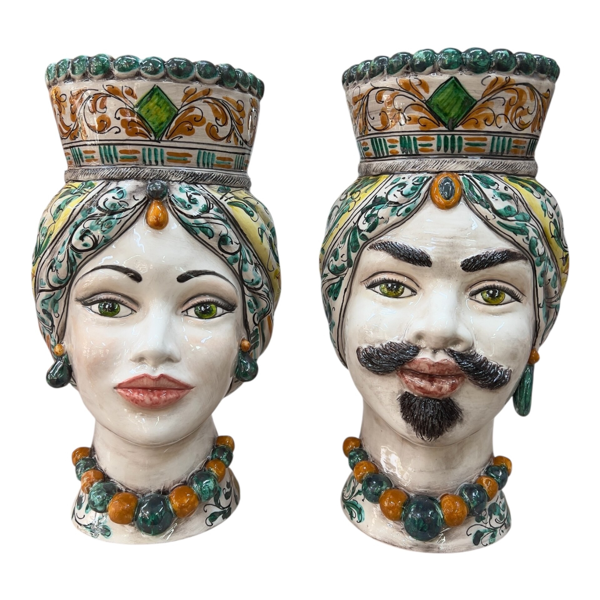 Coppia Teste di moro in ceramica siciliana decoro seicento verde Produzione artigianale di Santo Stefano di Camastra h.40cm