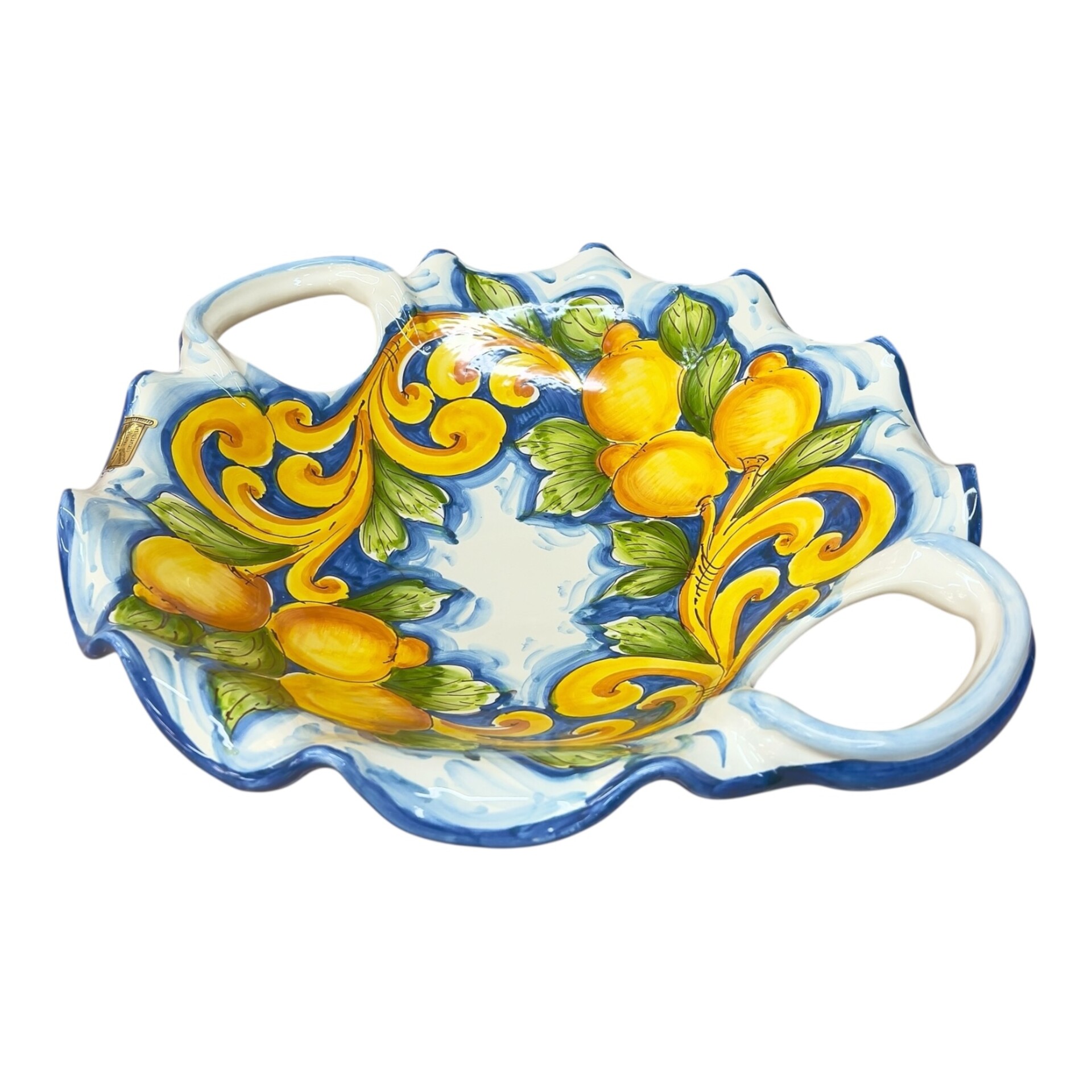 Centrotavola smerlato con manici in ceramica siciliana decoro con limoni Produzione artigianale di Santo Stefano di Camastra Diametro 40cm