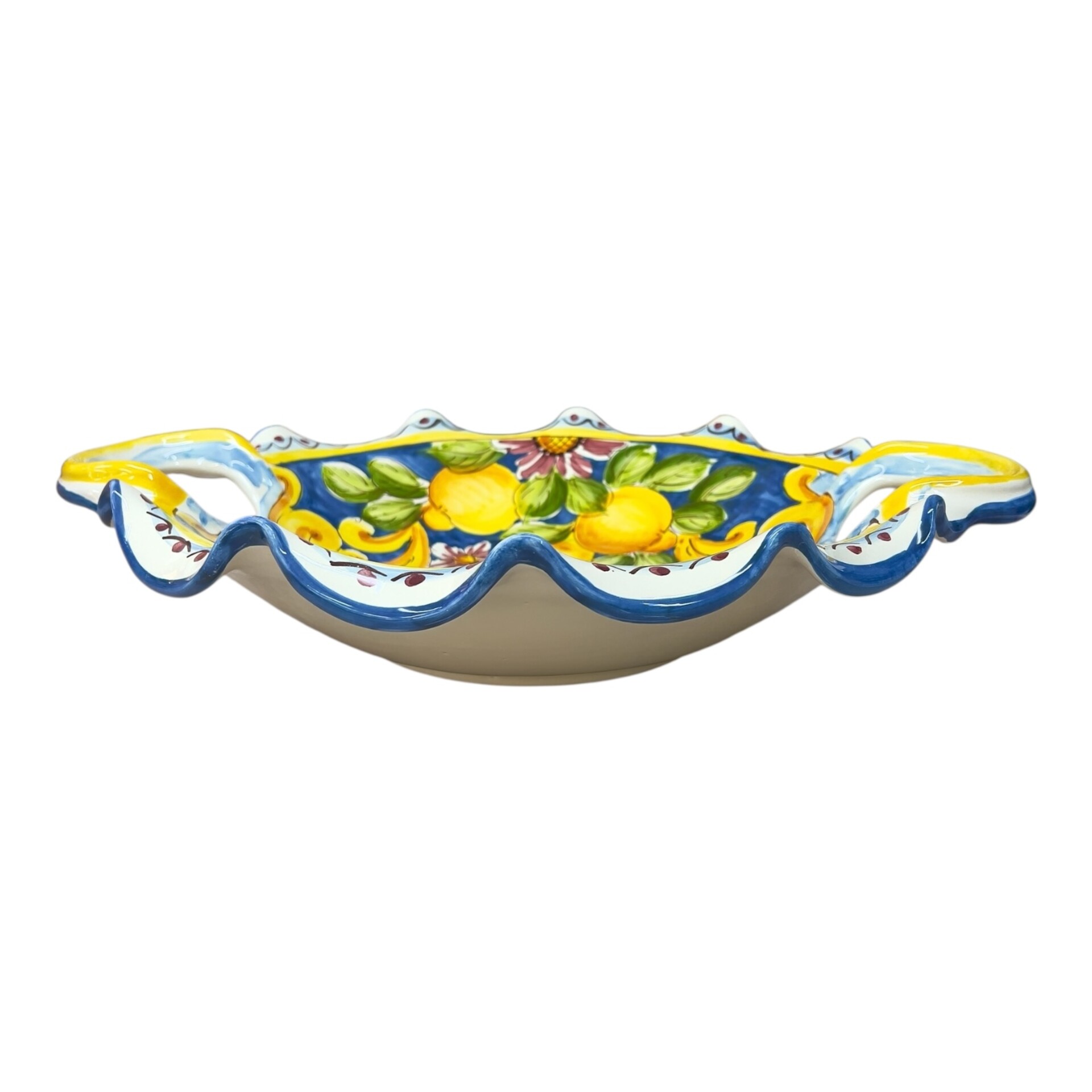 Centrotavola smerlato con manici in ceramica siciliana decoro blu con limoni Produzione artigianale di Santo Stefano di Camastra Diametro 40cm