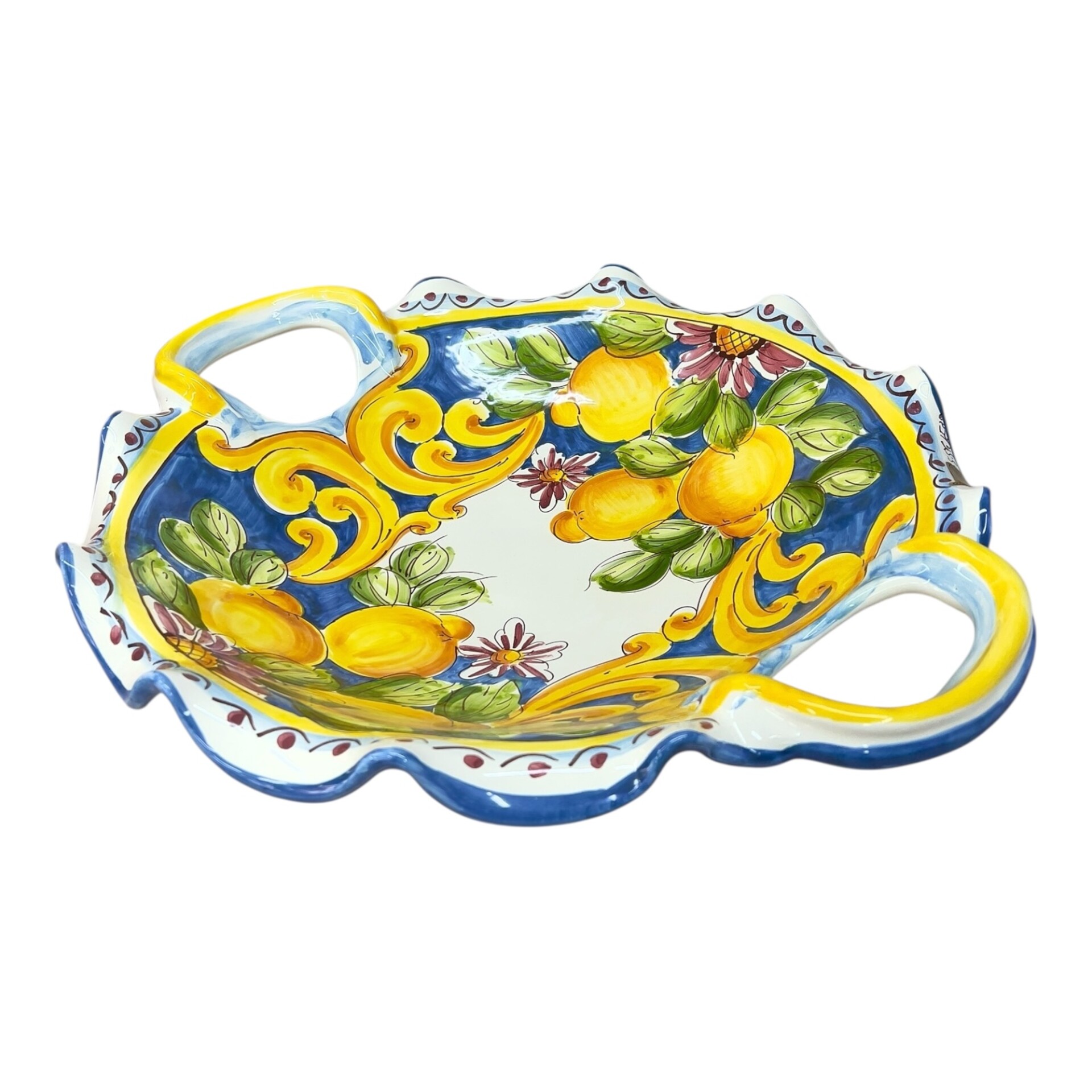 Centrotavola smerlato con manici in ceramica siciliana decoro blu con limoni Produzione artigianale di Santo Stefano di Camastra Diametro 40cm