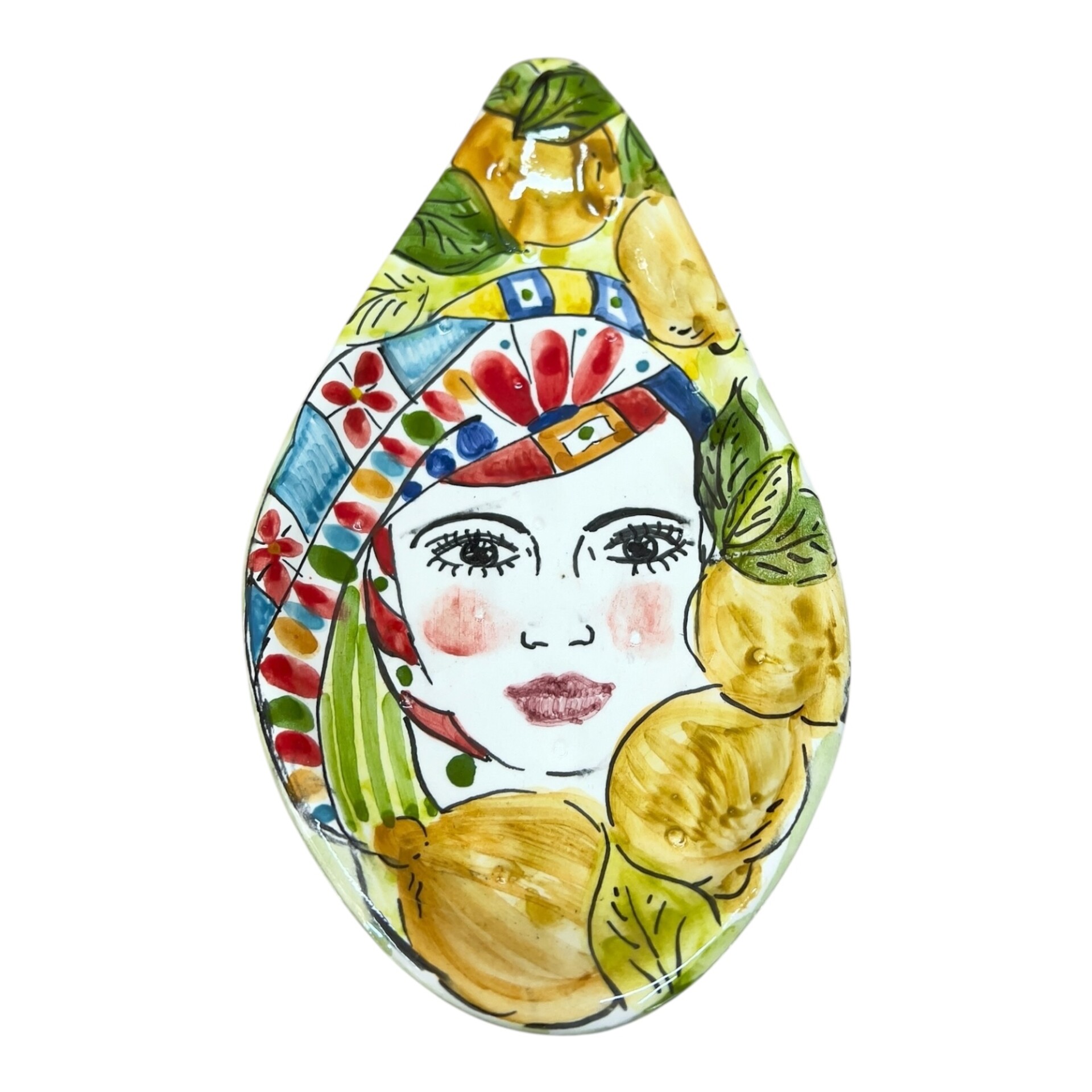 Svuota tasche pala di fico d’india in ceramica siciliana decoro donna con limoni Produzione artigianale di Santo Stefano di Camastra Lunghezza 22cm